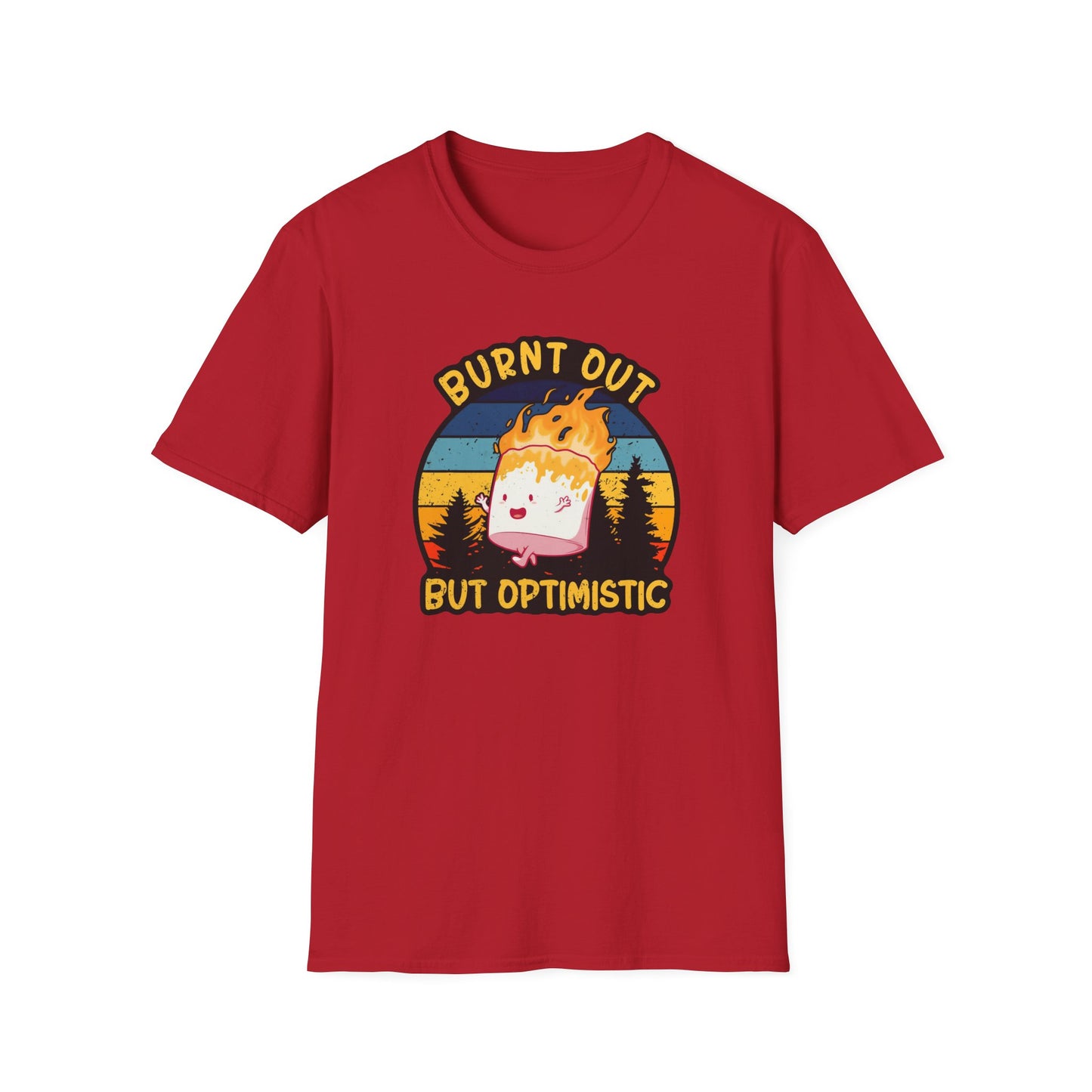 "Burnt Out But Optimistic" T-Shirt — Cute Retro Campfire Graphic Tee