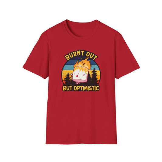 "Burnt Out But Optimistic" T-Shirt — Cute Retro Campfire Graphic Tee