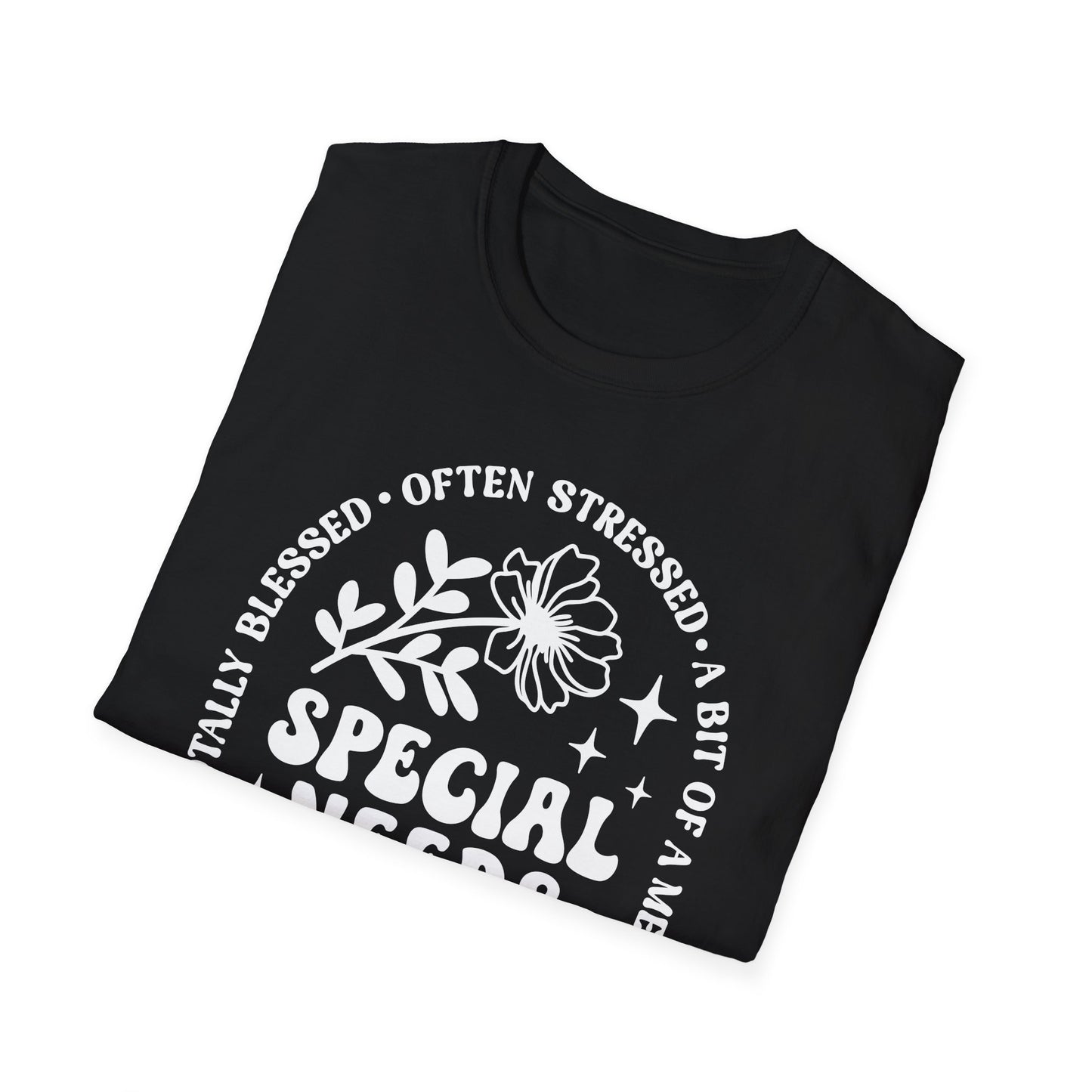 Special Needs Mama T-Shirt — "Totally Blessed, Often Stressed" Floral Tee