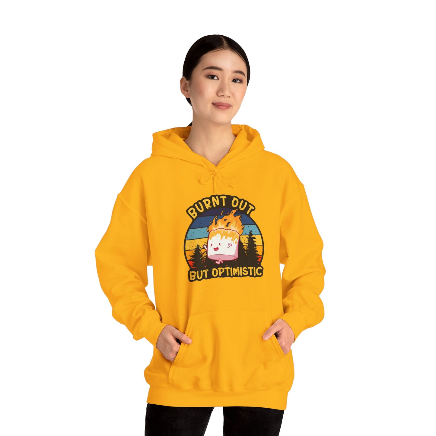 "Burnt Out But Optimistic" Hoodie — Cute Retro Campfire Graphic Sweatshirt