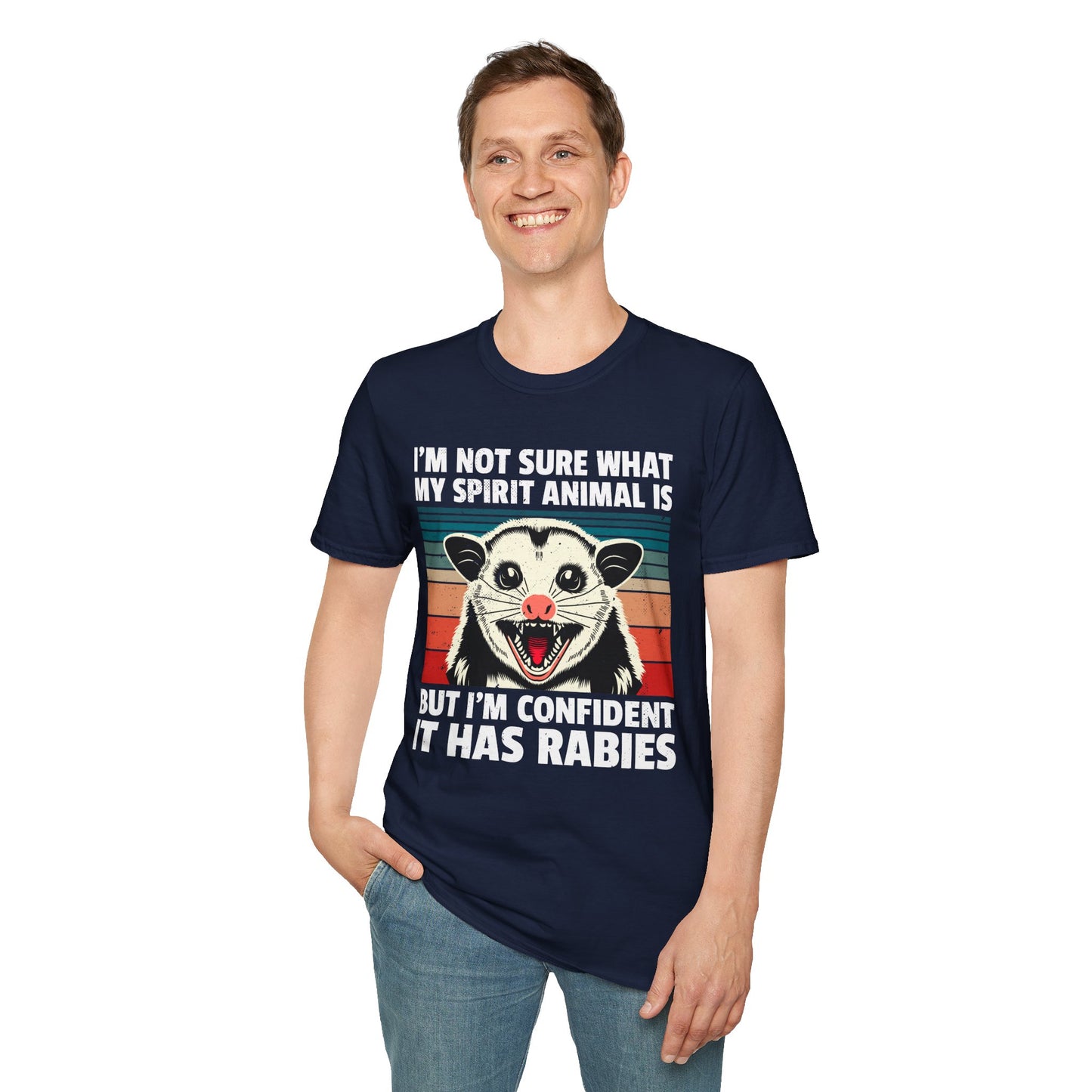Funny Possum T-Shirt — "I’m Not Sure What My Spirit Animal Is But I’m Confident It Has Rabies" Retro Design