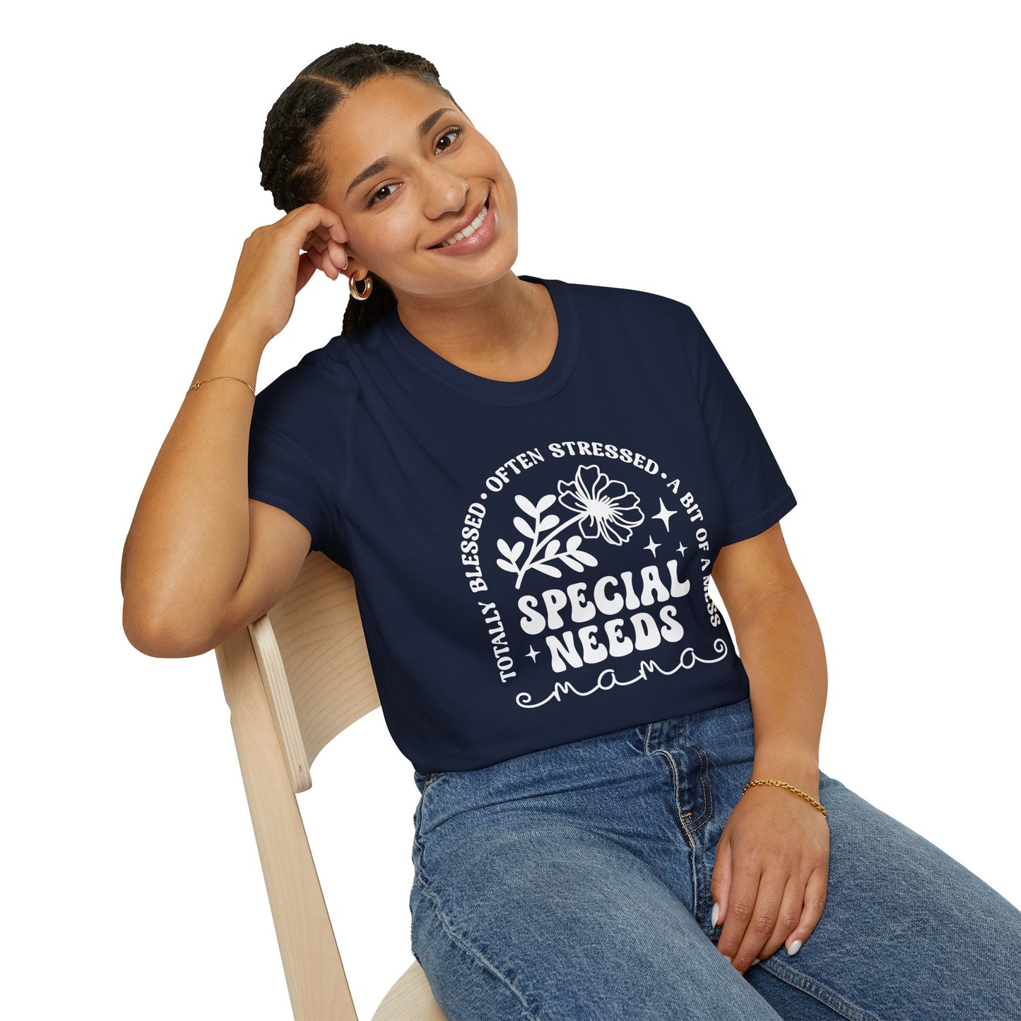 Special Needs Mama T-Shirt — "Totally Blessed, Often Stressed" Floral Tee