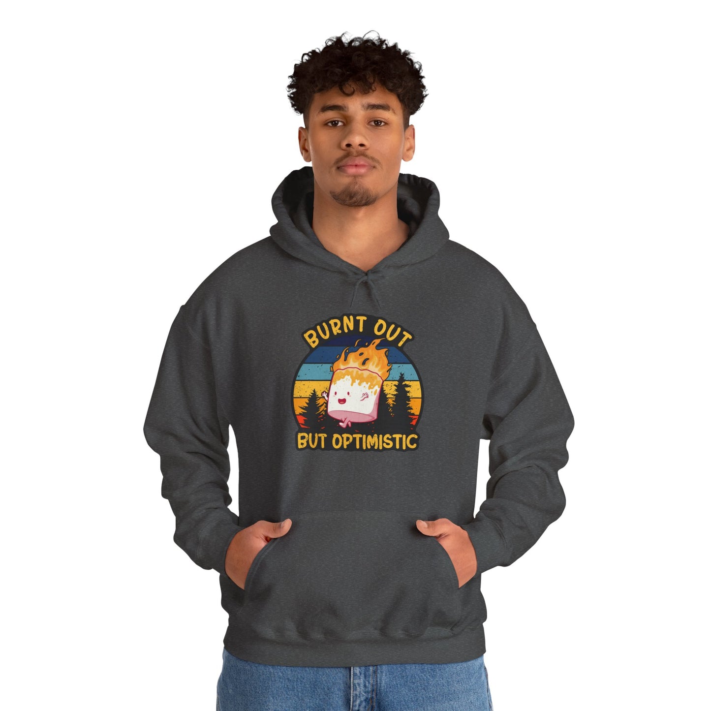 "Burnt Out But Optimistic" Hoodie — Cute Retro Campfire Graphic Sweatshirt