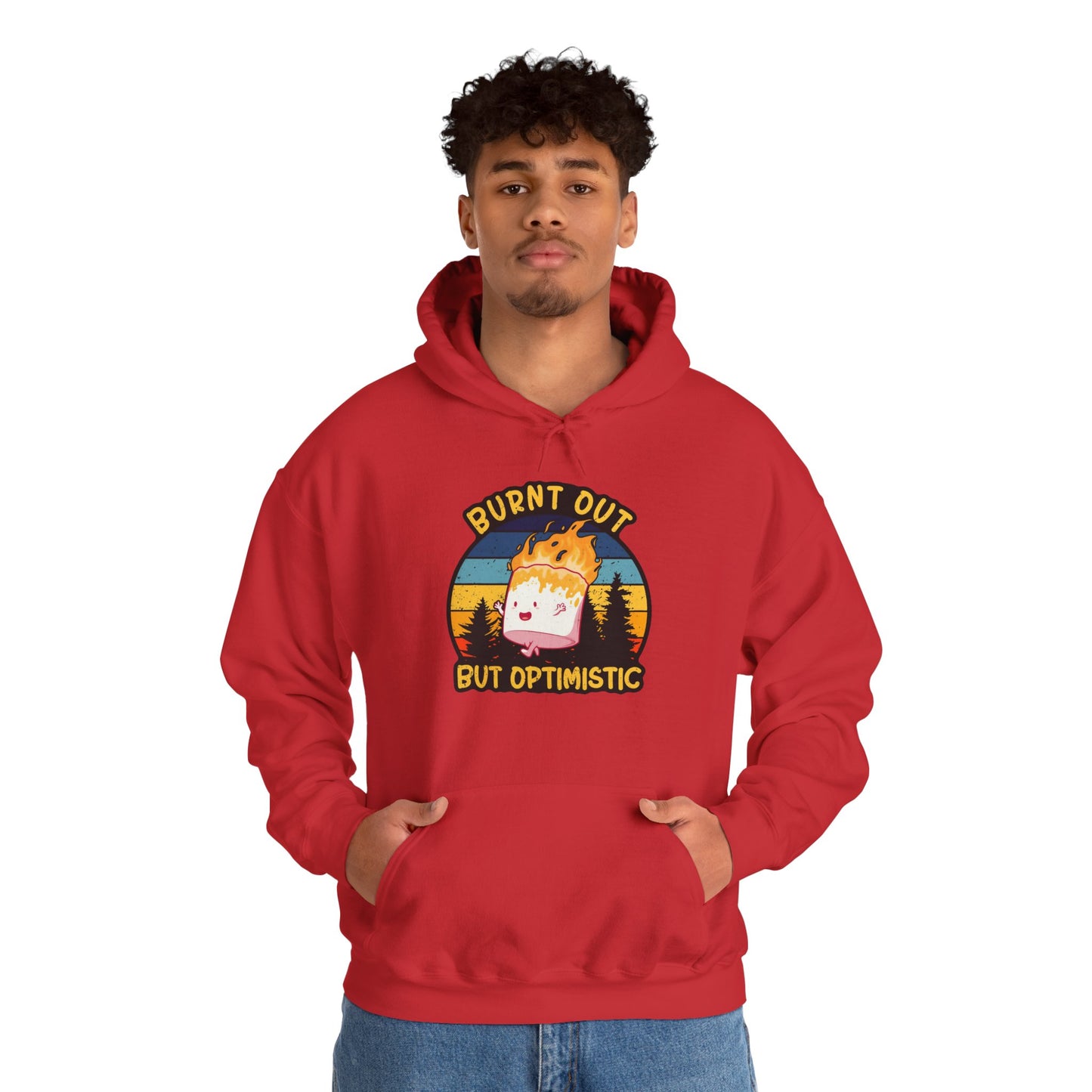 "Burnt Out But Optimistic" Hoodie — Cute Retro Campfire Graphic Sweatshirt
