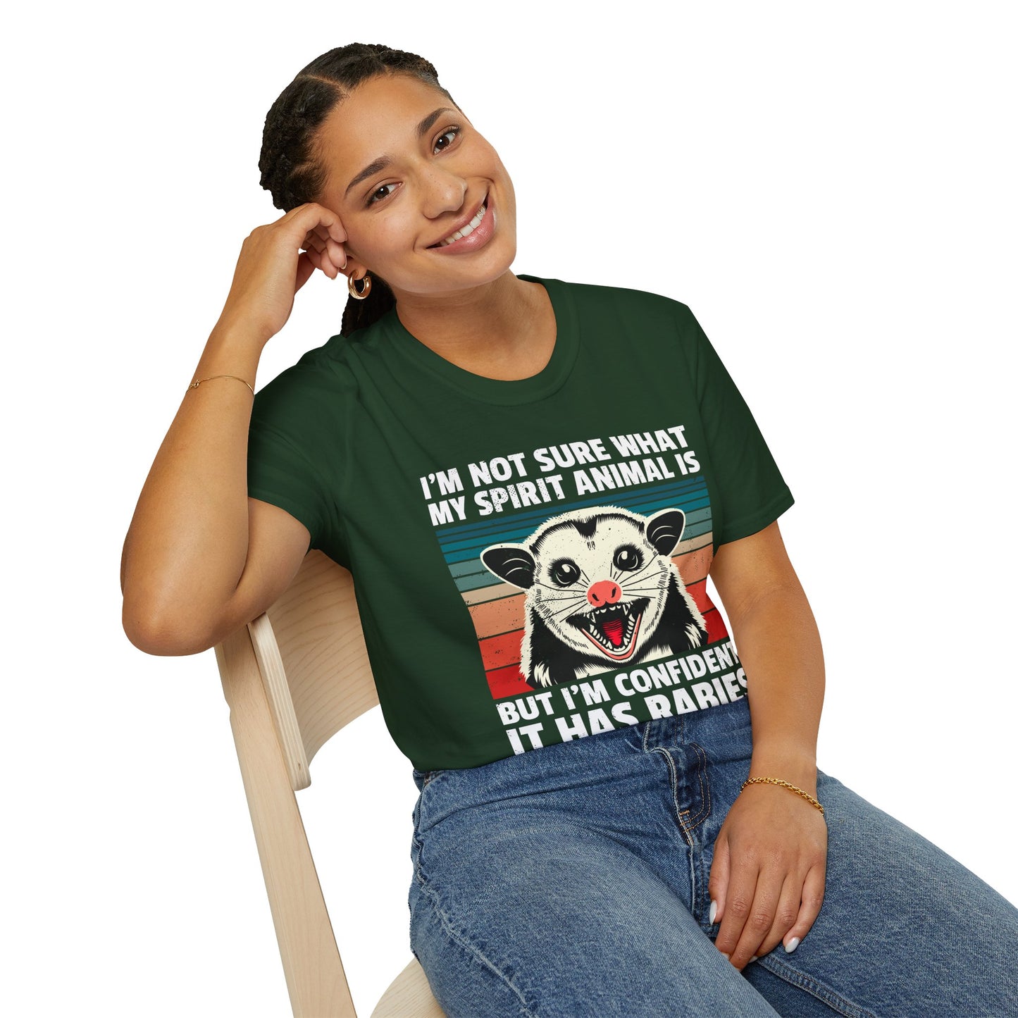 Funny Possum T-Shirt — "I’m Not Sure What My Spirit Animal Is But I’m Confident It Has Rabies" Retro Design