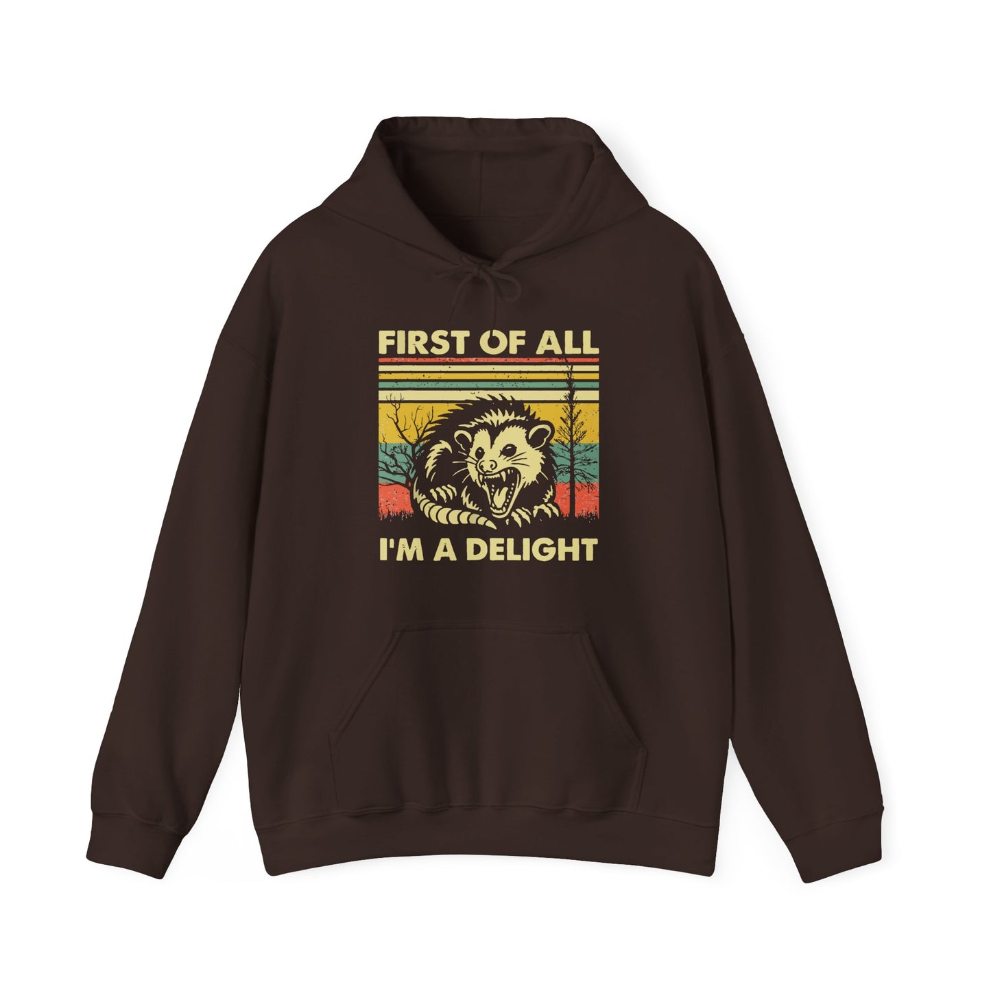 Funny Possum Hoodie — "First of All, I'm a Delight" Graphic Sweatshirt