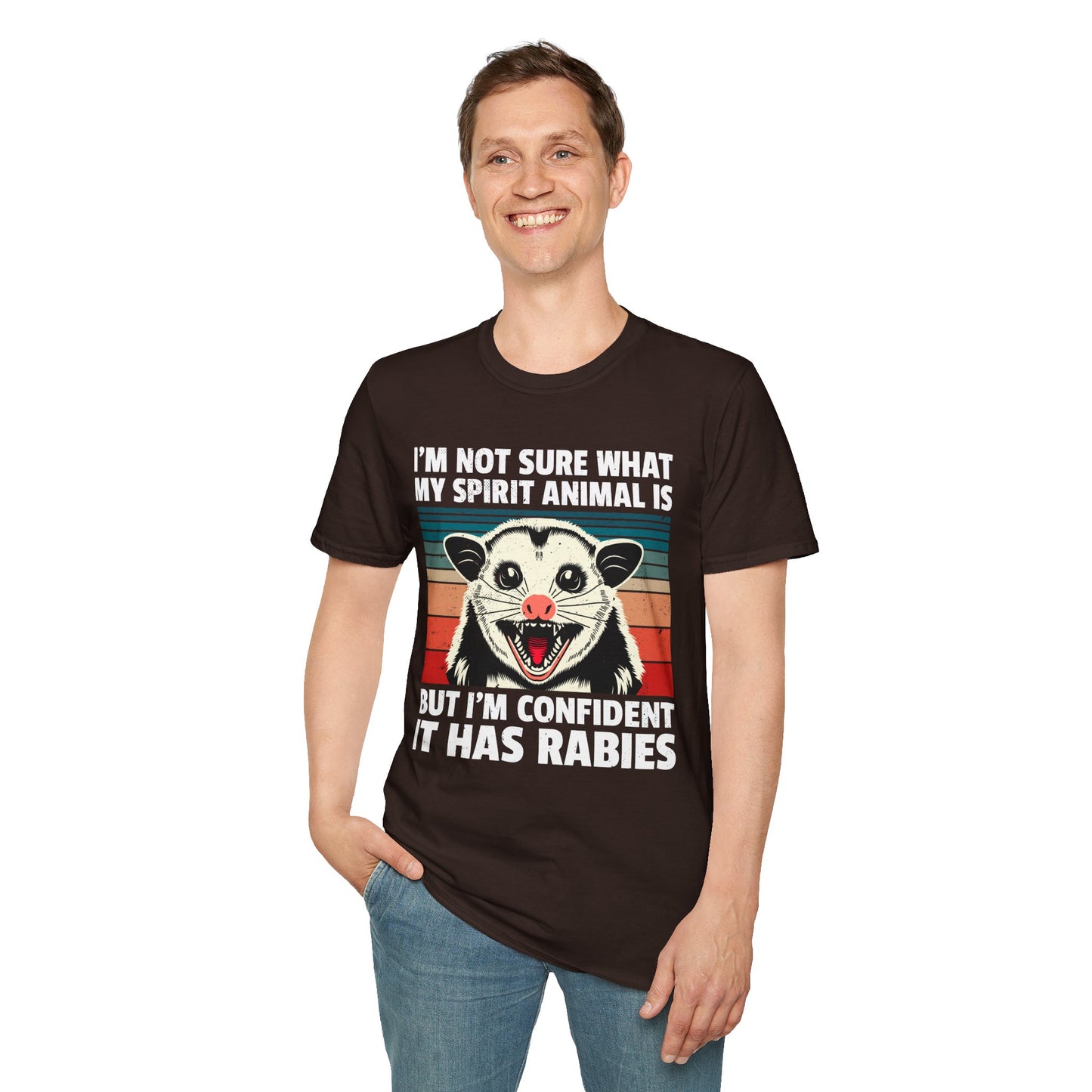 Funny Possum T-Shirt — "I’m Not Sure What My Spirit Animal Is But I’m Confident It Has Rabies" Retro Design