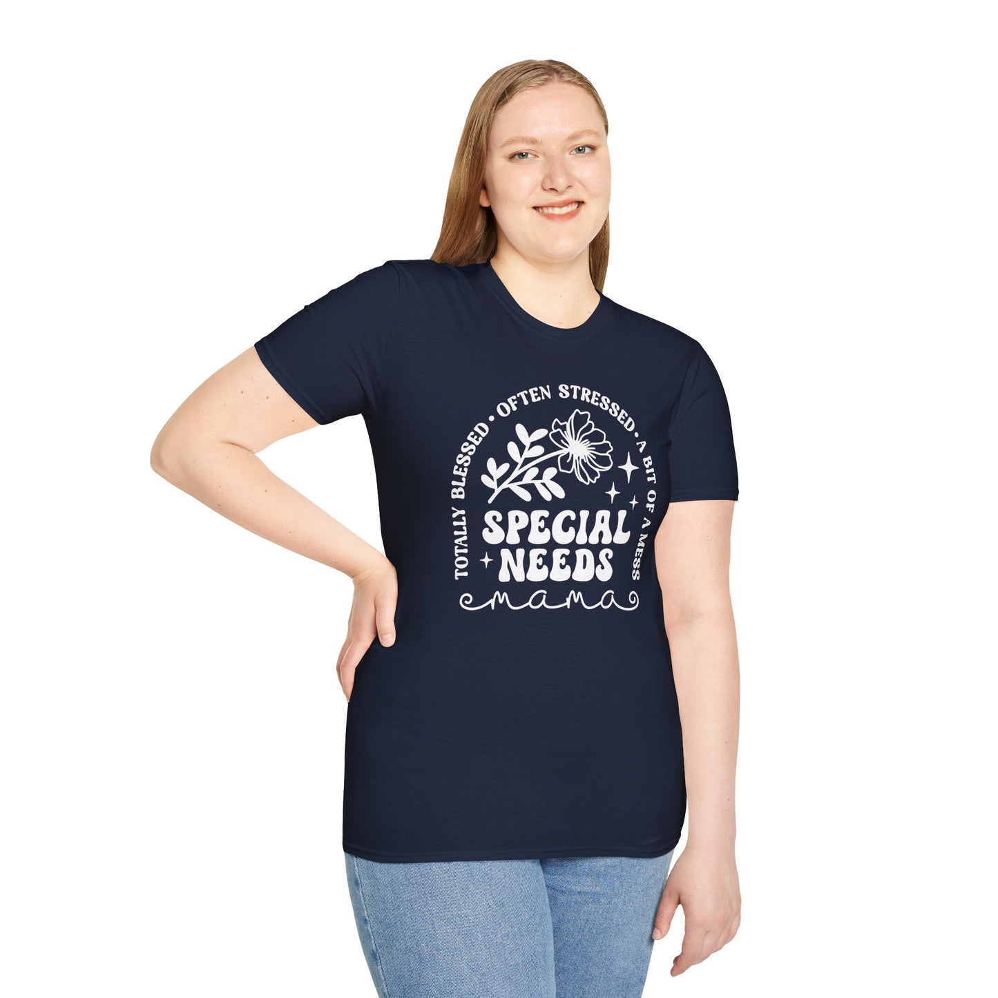Special Needs Mama T-Shirt — "Totally Blessed, Often Stressed" Floral Tee