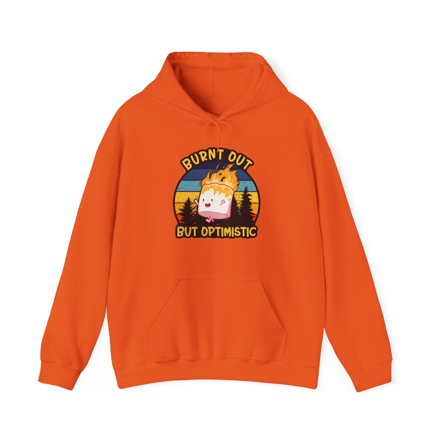 "Burnt Out But Optimistic" Hoodie — Cute Retro Campfire Graphic Sweatshirt