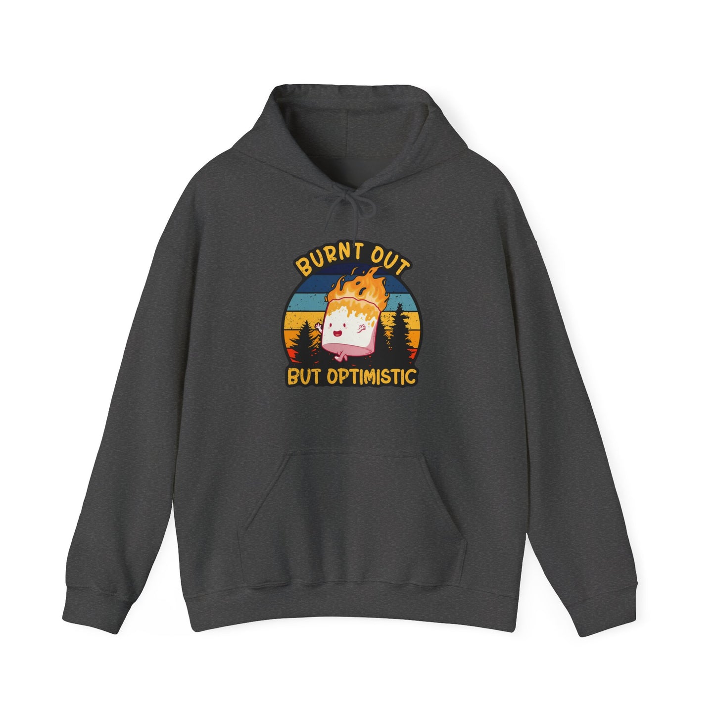 "Burnt Out But Optimistic" Hoodie — Cute Retro Campfire Graphic Sweatshirt