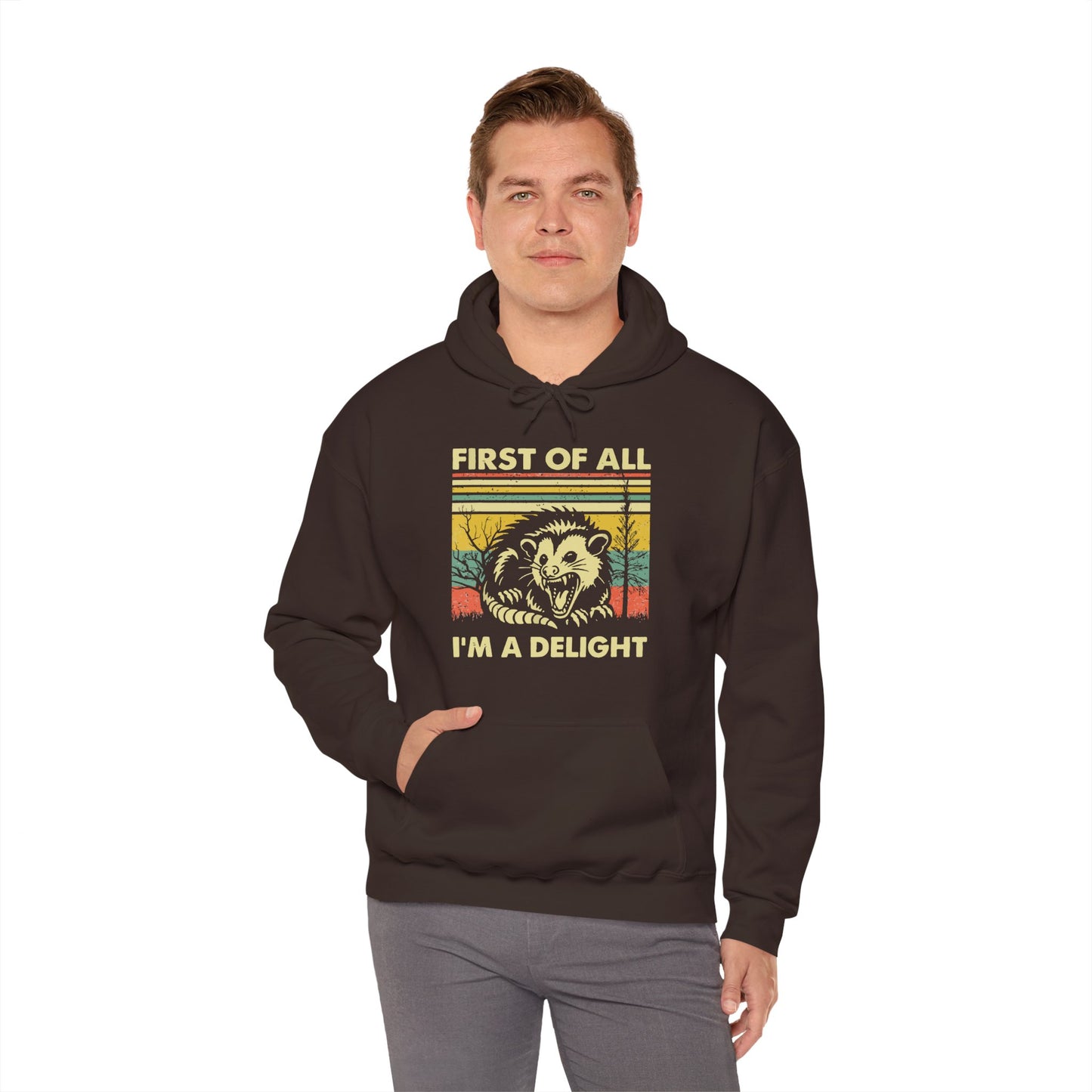 Funny Possum Hoodie — "First of All, I'm a Delight" Graphic Sweatshirt