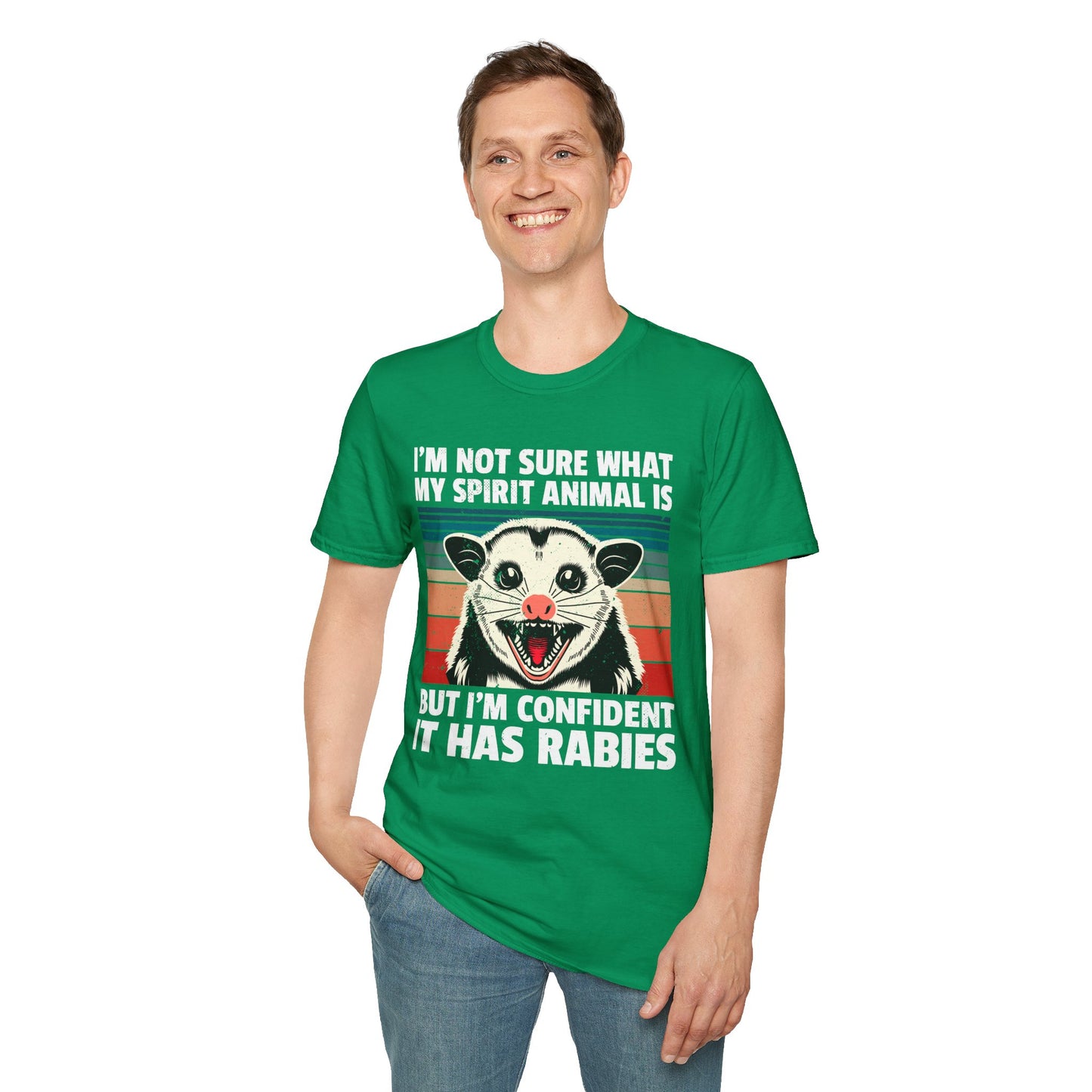 Funny Possum T-Shirt — "I’m Not Sure What My Spirit Animal Is But I’m Confident It Has Rabies" Retro Design