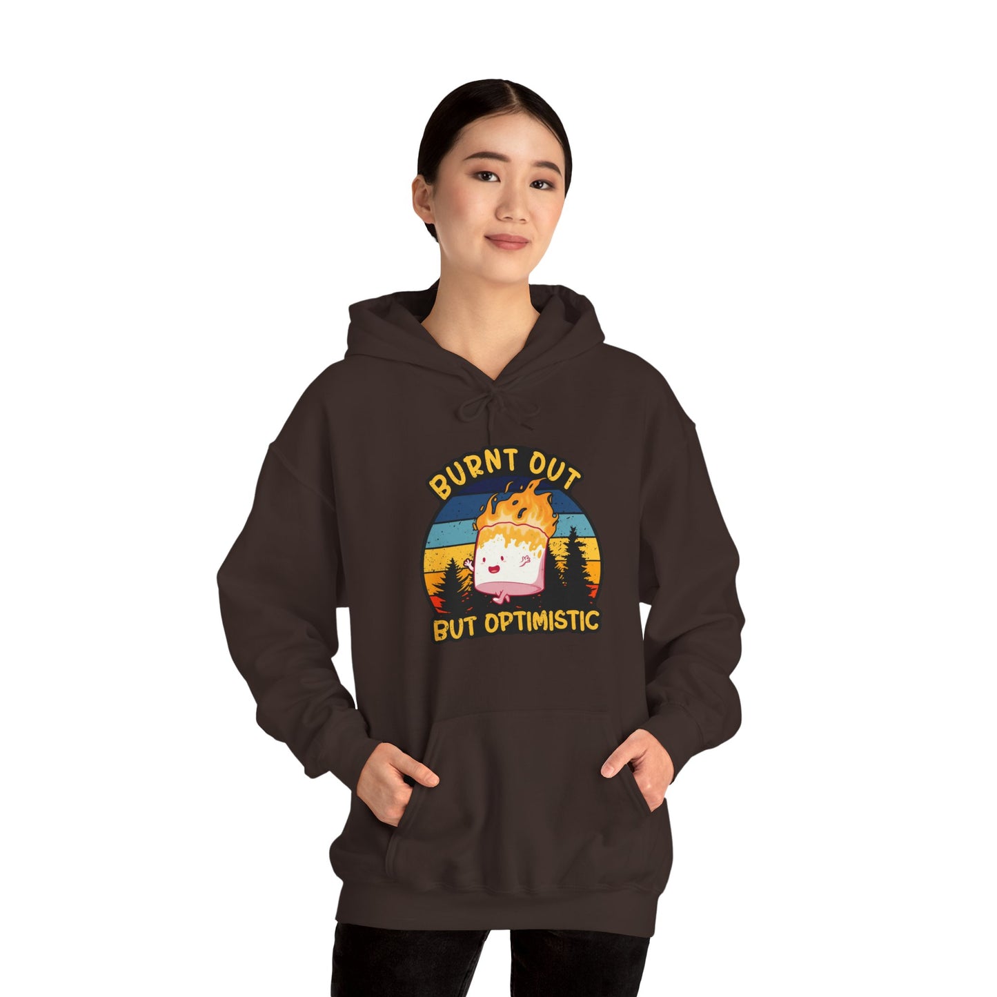 "Burnt Out But Optimistic" Hoodie — Cute Retro Campfire Graphic Sweatshirt