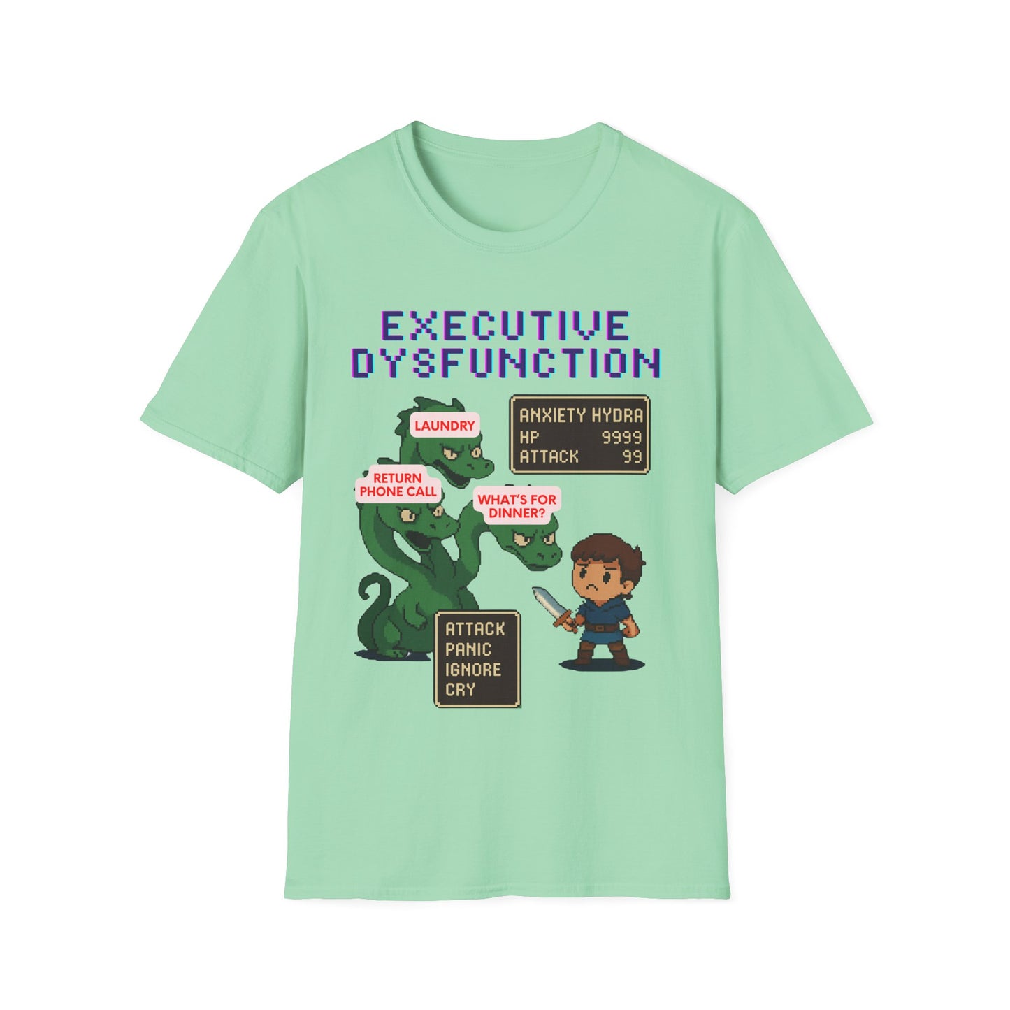 Executive Dysfunction RPG T-Shirt — Cute Anxiety Monster Pixel Art Tee