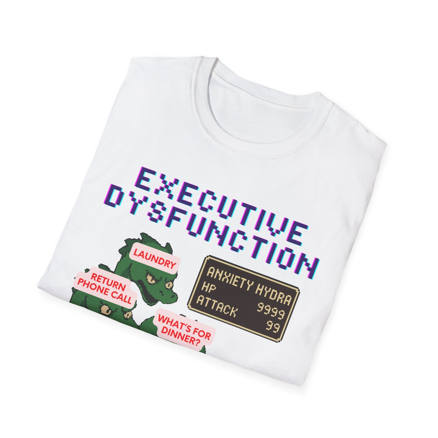 Executive Dysfunction RPG T-Shirt — Cute Anxiety Monster Pixel Art Tee