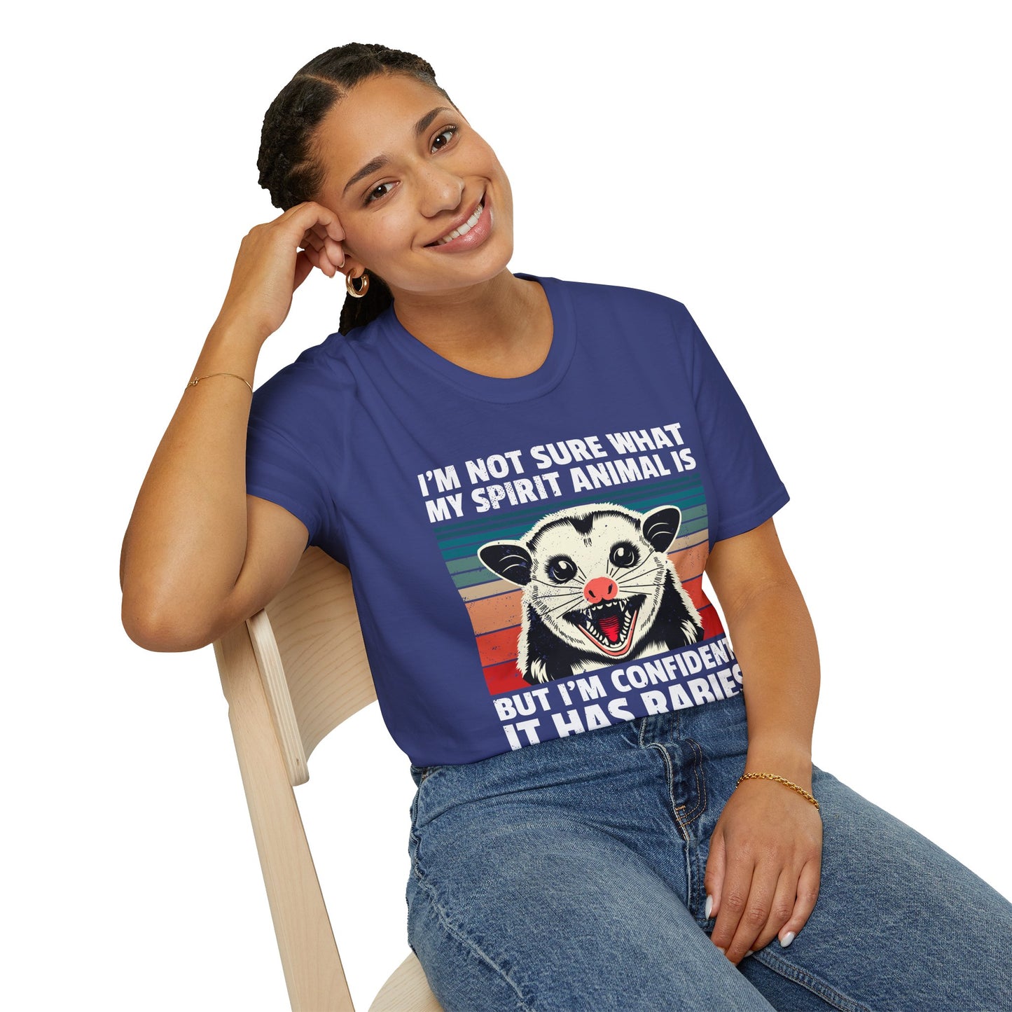 Funny Possum T-Shirt — "I’m Not Sure What My Spirit Animal Is But I’m Confident It Has Rabies" Retro Design