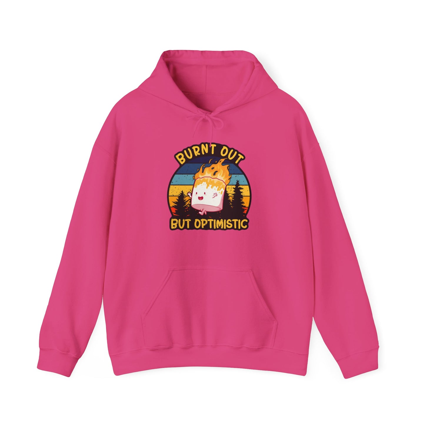 "Burnt Out But Optimistic" Hoodie — Cute Retro Campfire Graphic Sweatshirt