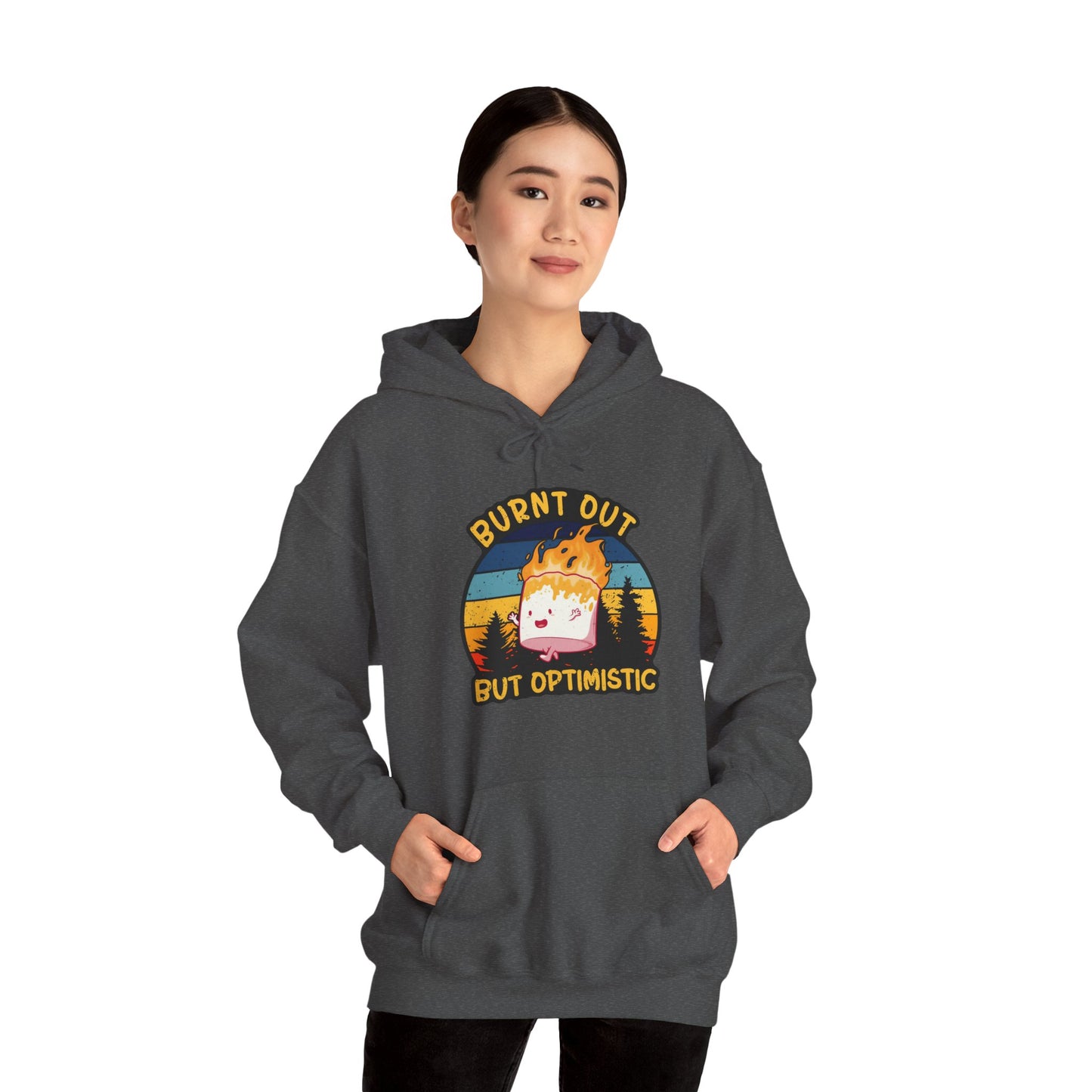 "Burnt Out But Optimistic" Hoodie — Cute Retro Campfire Graphic Sweatshirt