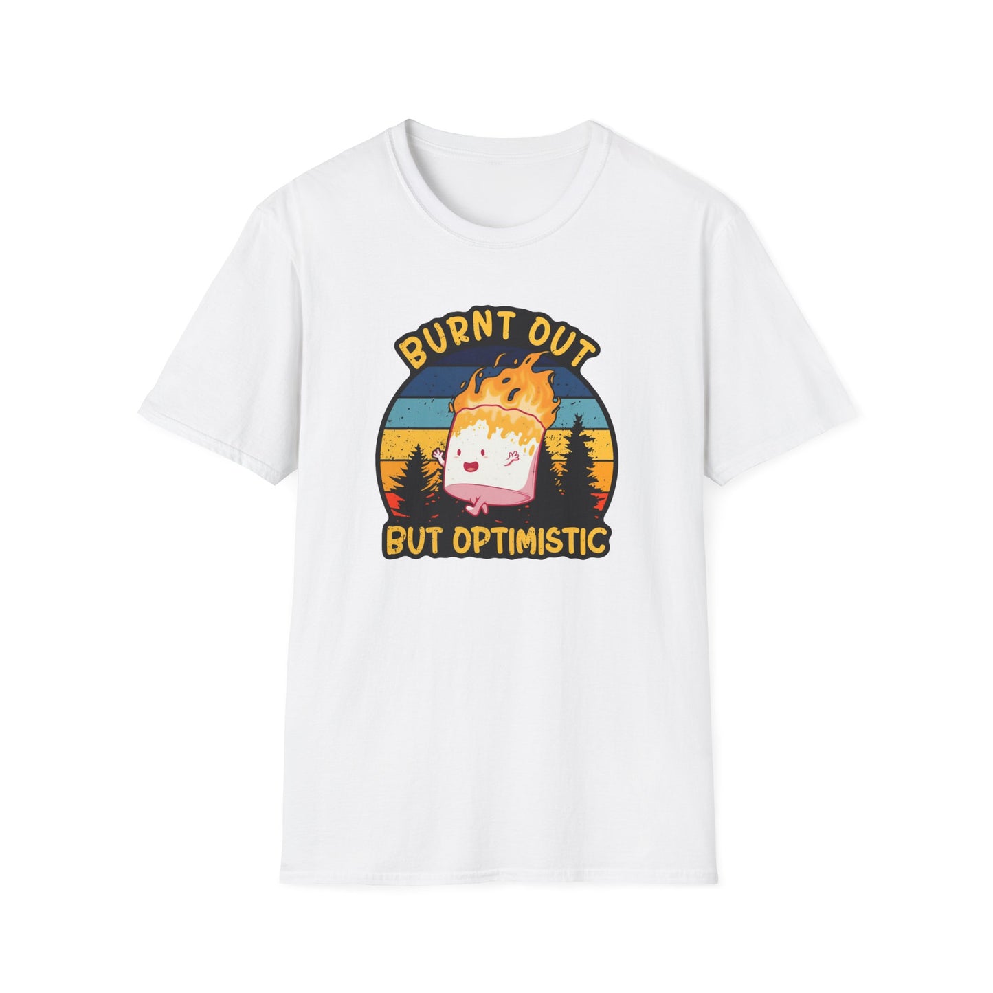 "Burnt Out But Optimistic" T-Shirt — Cute Retro Campfire Graphic Tee