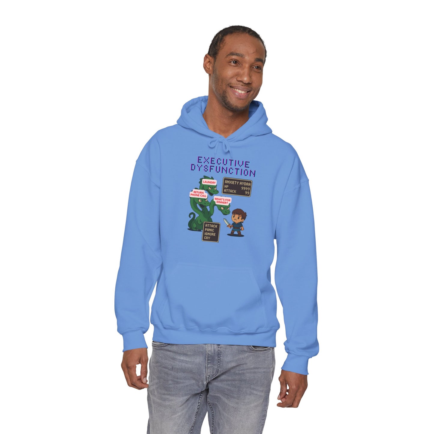 Executive Dysfunction RPG Hoodie — Cute Anxiety Monster Pixel Art Sweatshirt