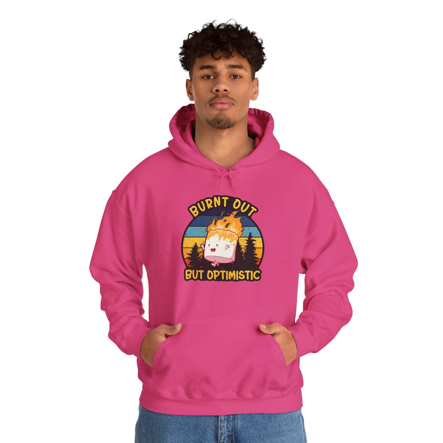 "Burnt Out But Optimistic" Hoodie — Cute Retro Campfire Graphic Sweatshirt