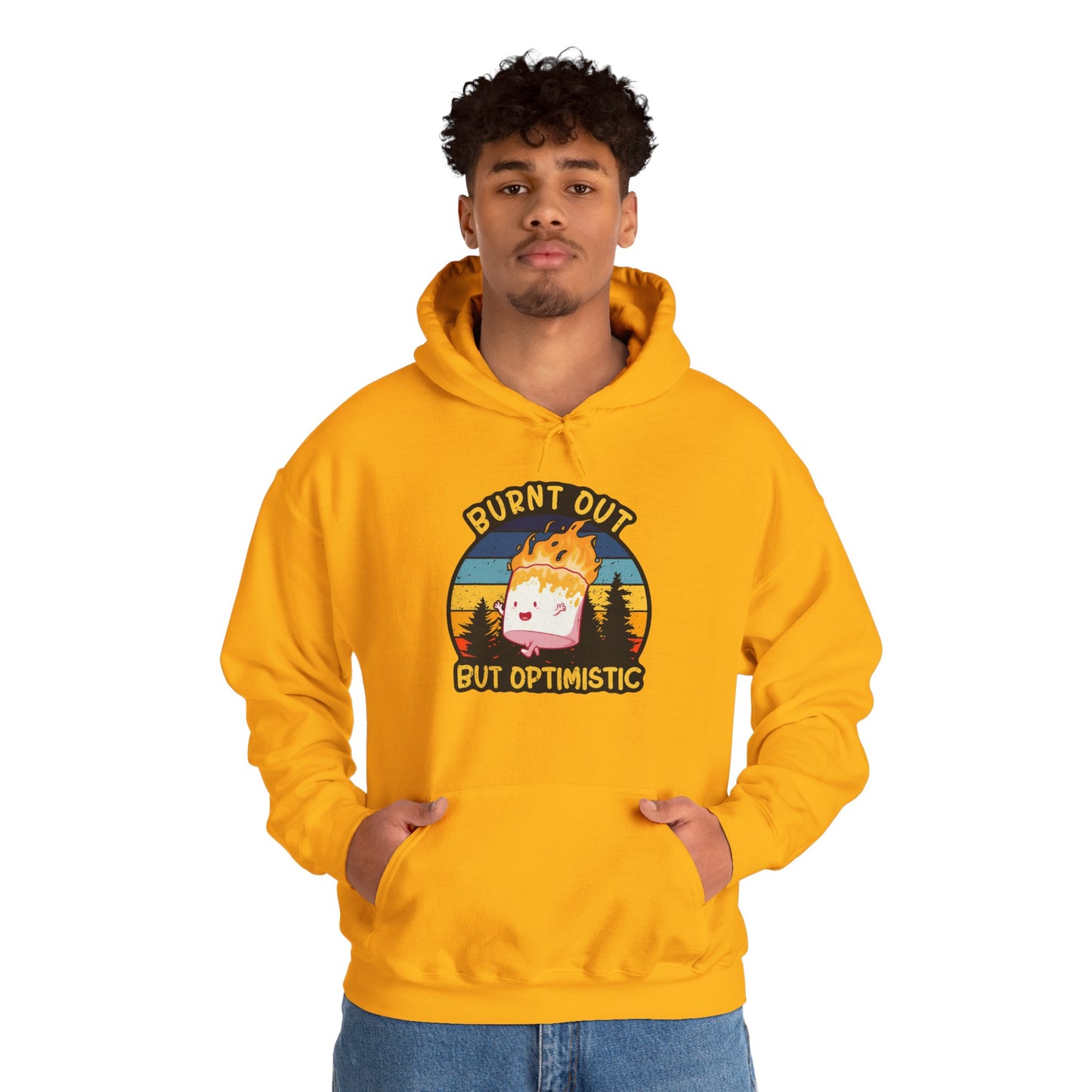 "Burnt Out But Optimistic" Hoodie — Cute Retro Campfire Graphic Sweatshirt