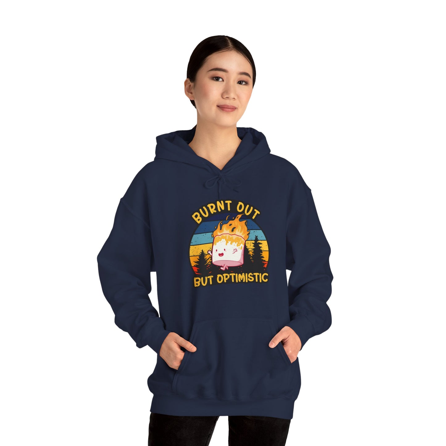 "Burnt Out But Optimistic" Hoodie — Cute Retro Campfire Graphic Sweatshirt