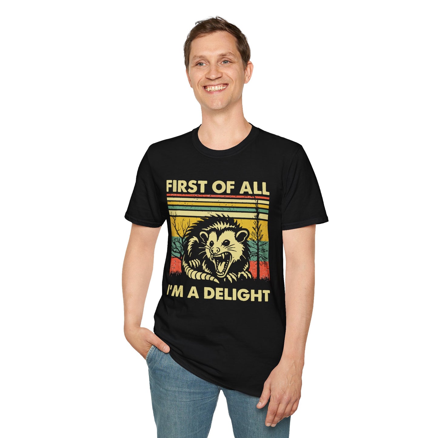 "First of All, I'm a Delight" T-Shirt —  Retro Possum Graphic Tee