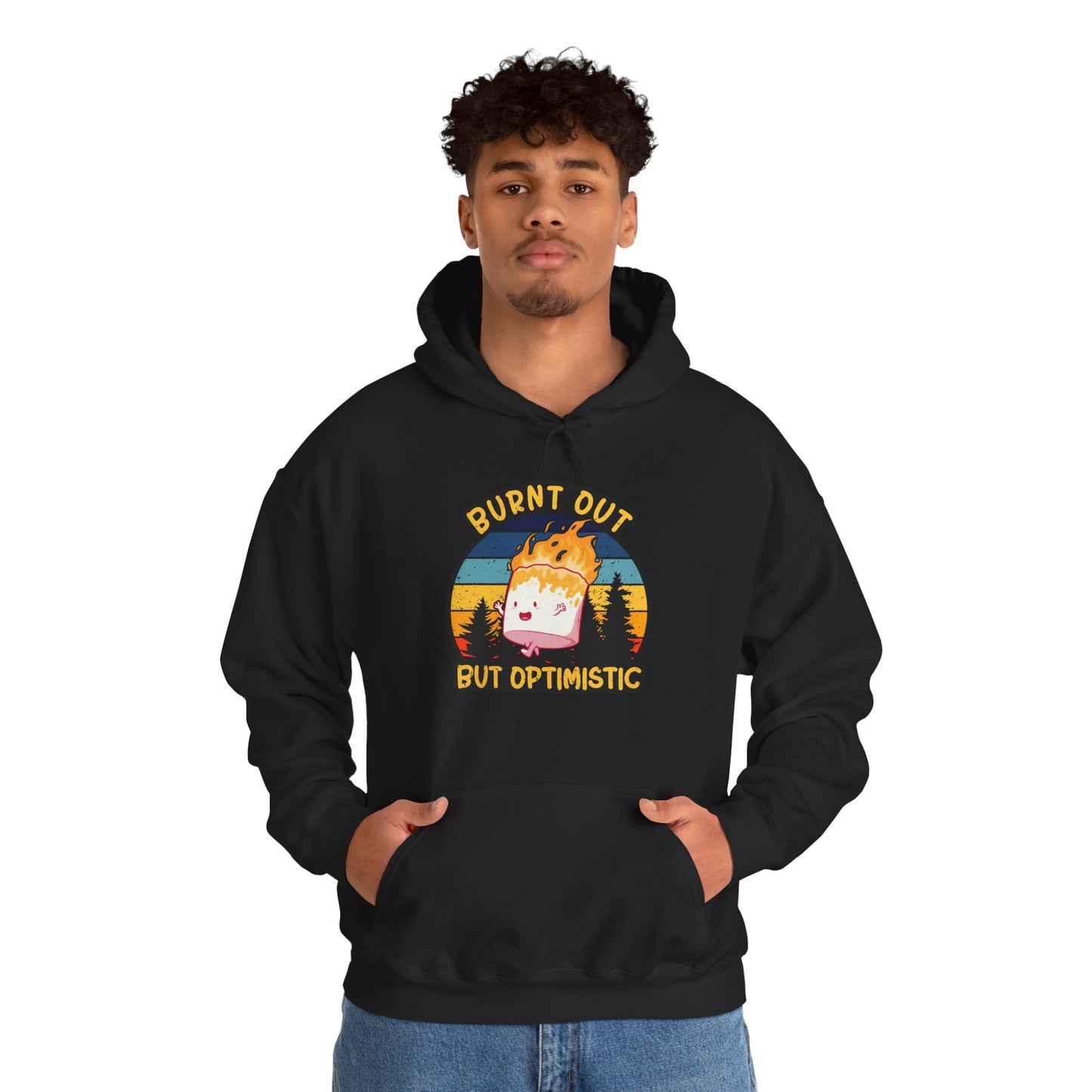 "Burnt Out But Optimistic" Hoodie — Cute Retro Campfire Graphic Sweatshirt