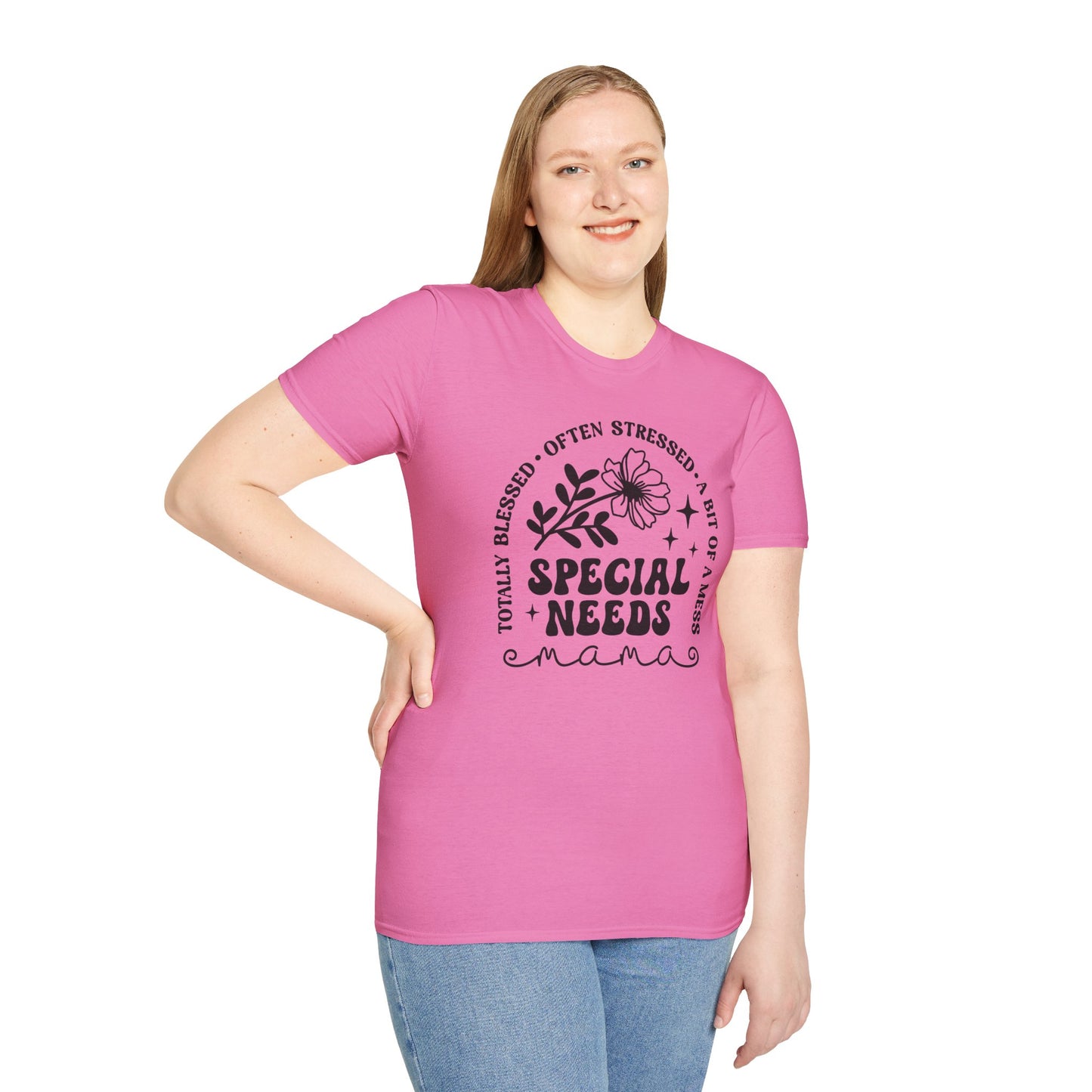 Special Needs Mama T-Shirt — "Totally Blessed, Often Stressed" Floral Tee