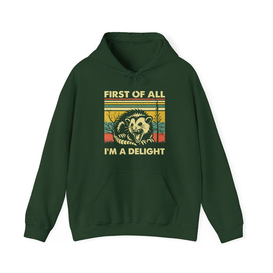 Funny Possum Hoodie — "First of All, I'm a Delight" Graphic Sweatshirt