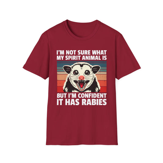 Funny Possum T-Shirt — "I’m Not Sure What My Spirit Animal Is But I’m Confident It Has Rabies" Retro Design