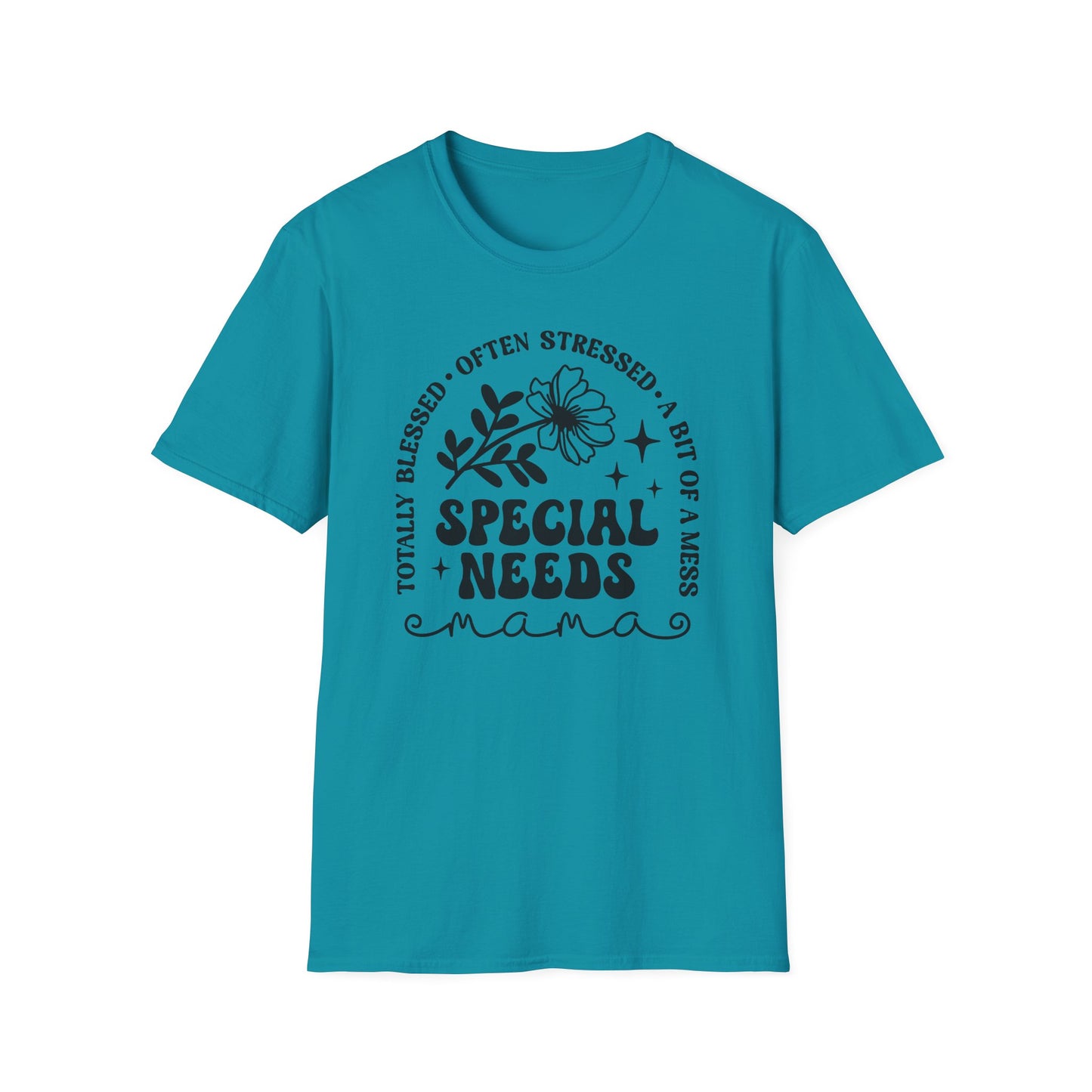 Special Needs Mama T-Shirt — "Totally Blessed, Often Stressed" Floral Tee