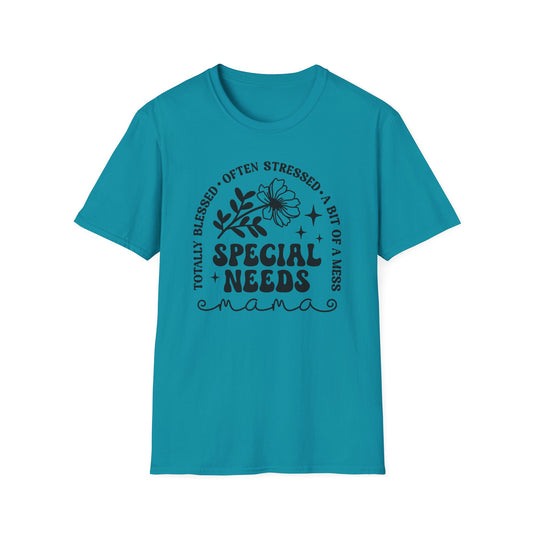Special Needs Mama T-Shirt — "Totally Blessed, Often Stressed" Floral Tee