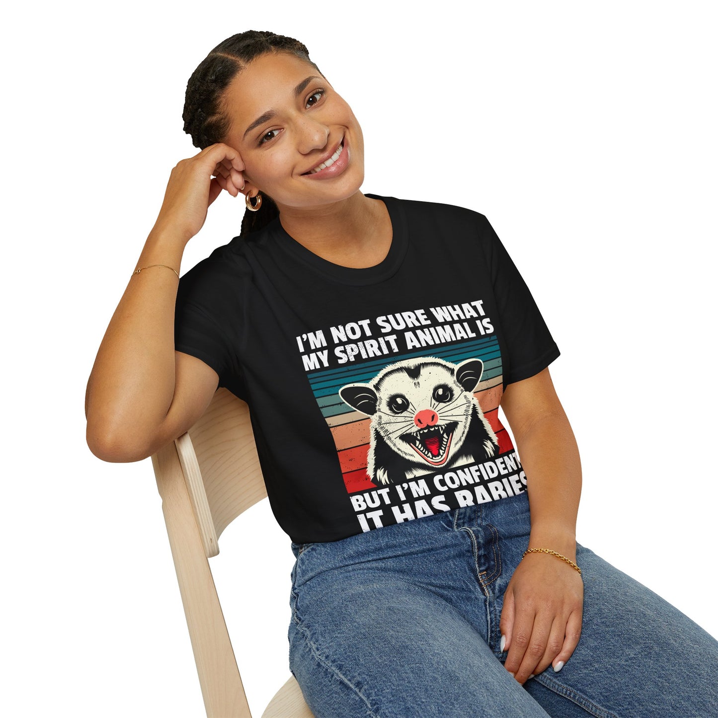 Funny Possum T-Shirt — "I’m Not Sure What My Spirit Animal Is But I’m Confident It Has Rabies" Retro Design