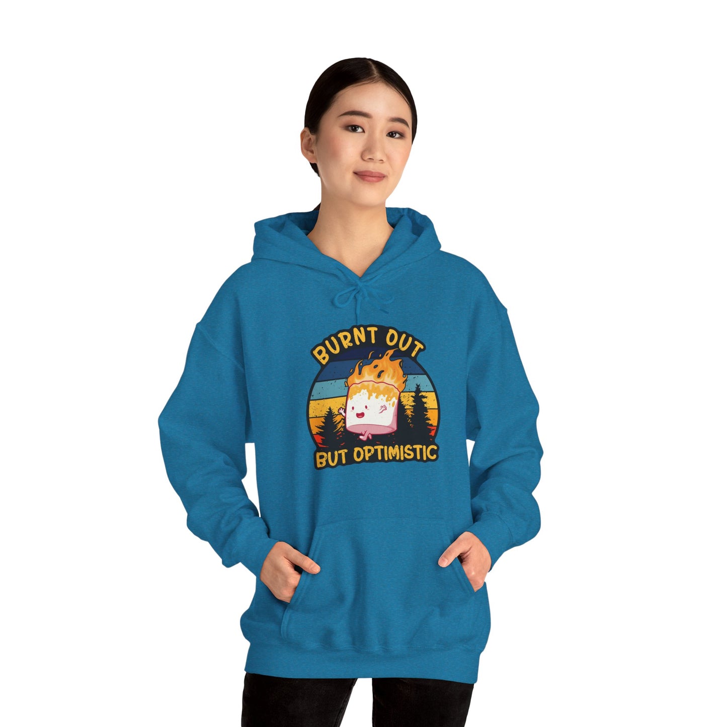 "Burnt Out But Optimistic" Hoodie — Cute Retro Campfire Graphic Sweatshirt