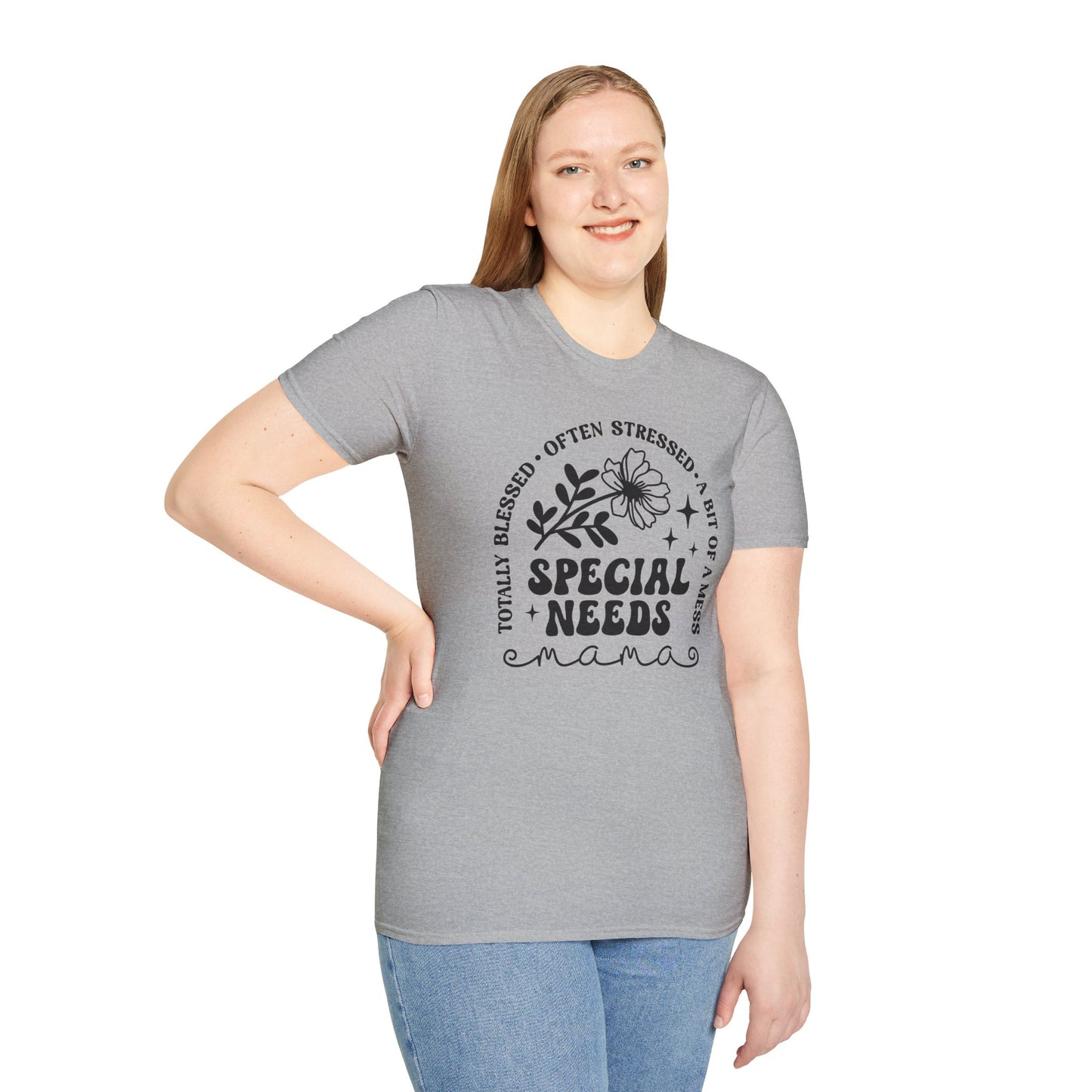 Special Needs Mama T-Shirt — "Totally Blessed, Often Stressed" Floral Tee