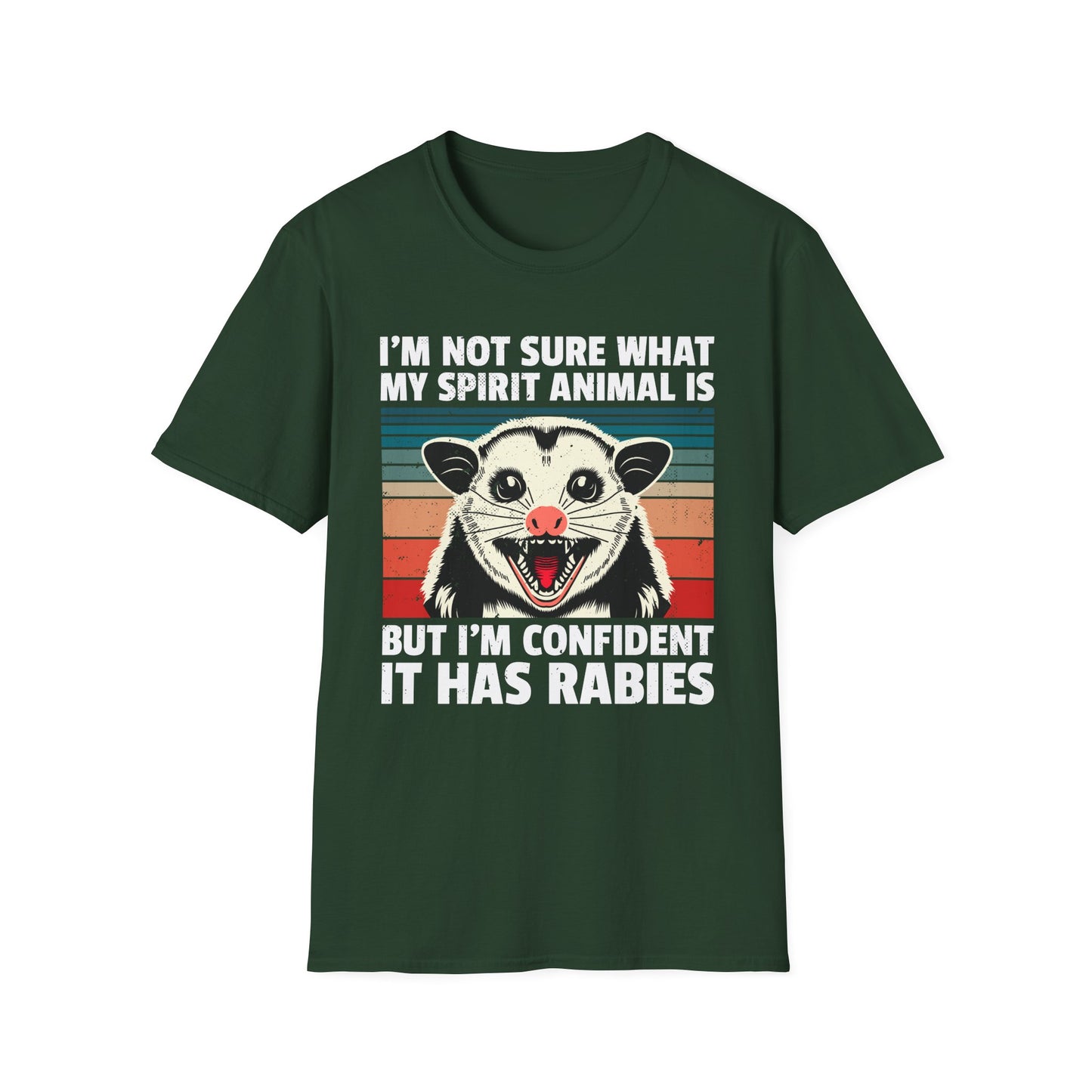 Funny Possum T-Shirt — "I’m Not Sure What My Spirit Animal Is But I’m Confident It Has Rabies" Retro Design