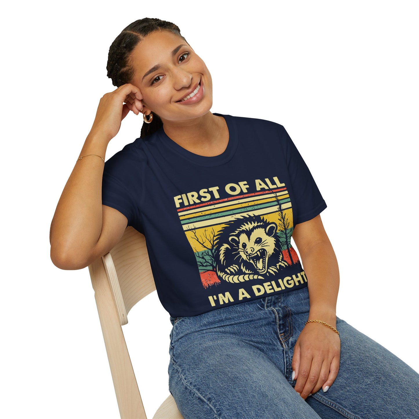 "First of All, I'm a Delight" T-Shirt —  Retro Possum Graphic Tee