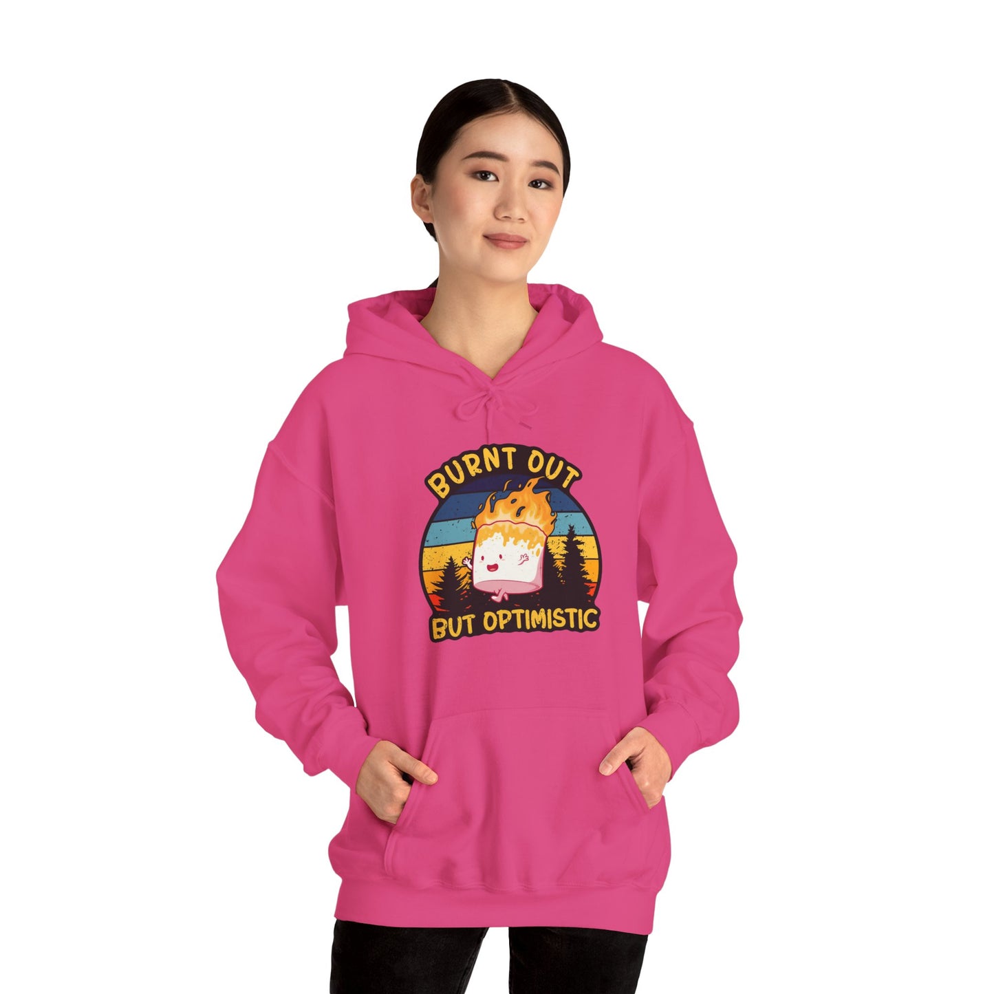 "Burnt Out But Optimistic" Hoodie — Cute Retro Campfire Graphic Sweatshirt