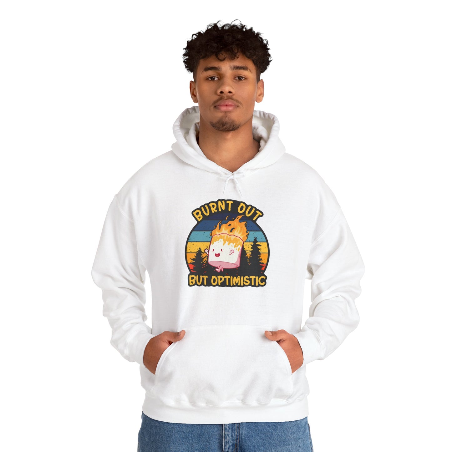 "Burnt Out But Optimistic" Hoodie — Cute Retro Campfire Graphic Sweatshirt