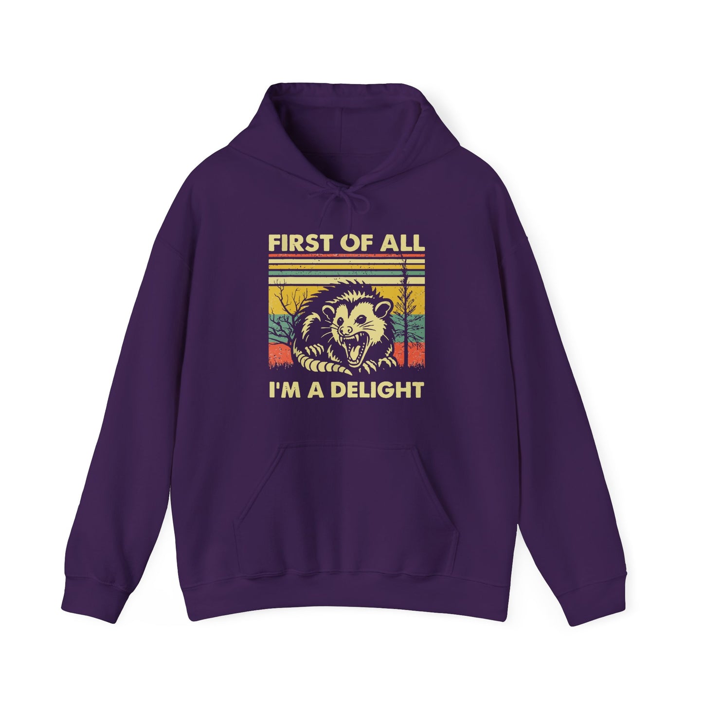 Funny Possum Hoodie — "First of All, I'm a Delight" Graphic Sweatshirt