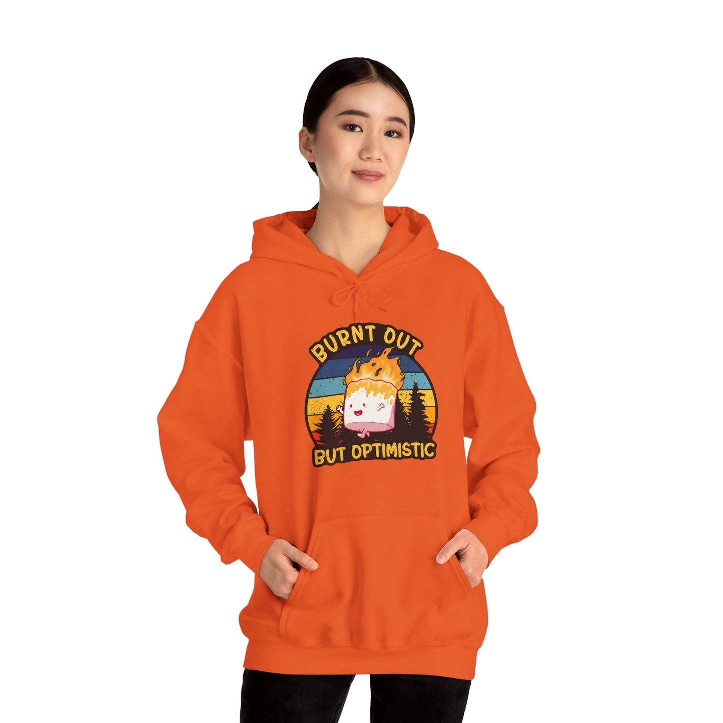 "Burnt Out But Optimistic" Hoodie — Cute Retro Campfire Graphic Sweatshirt