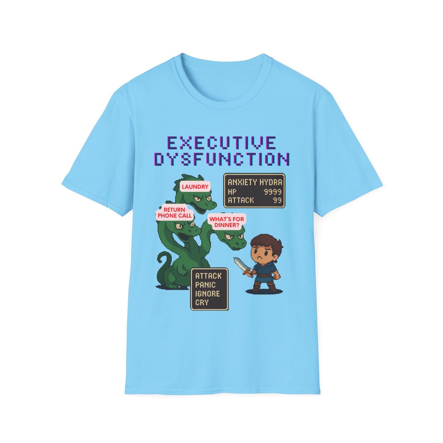 Executive Dysfunction RPG T-Shirt — Cute Anxiety Monster Pixel Art Tee