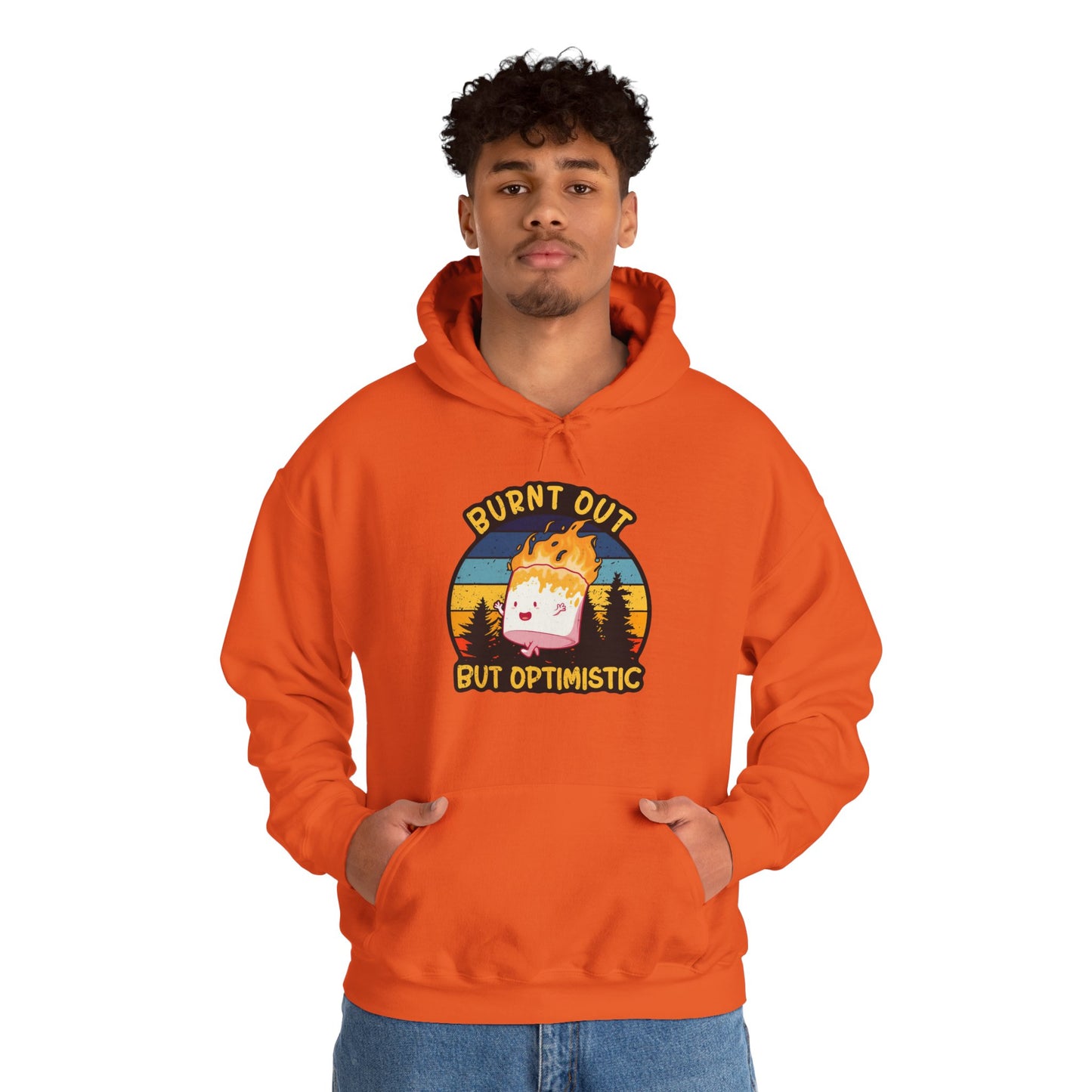 "Burnt Out But Optimistic" Hoodie — Cute Retro Campfire Graphic Sweatshirt