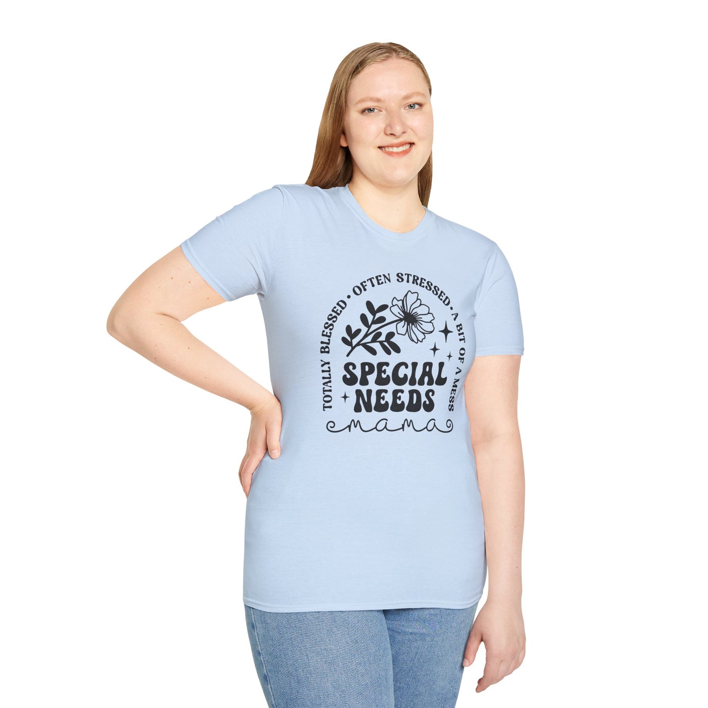 Special Needs Mama T-Shirt — "Totally Blessed, Often Stressed" Floral Tee