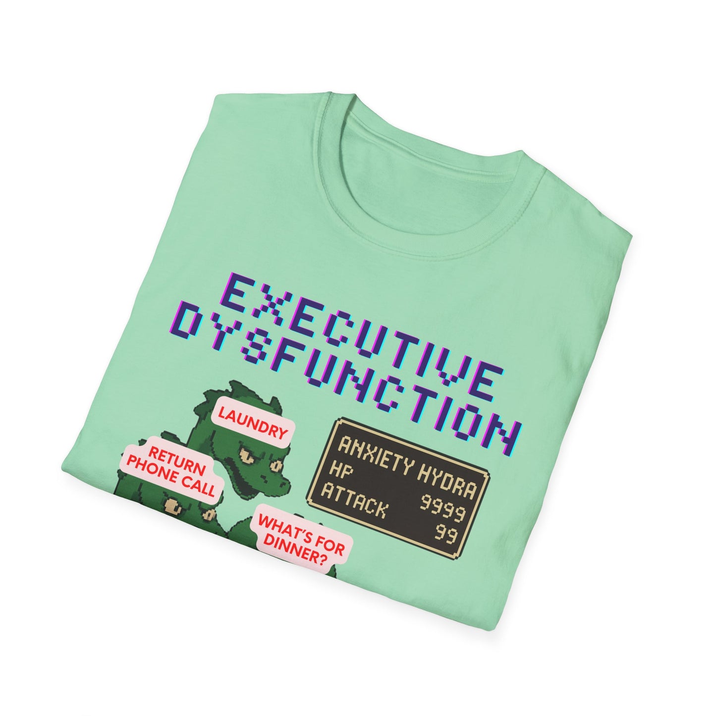 Executive Dysfunction RPG T-Shirt — Cute Anxiety Monster Pixel Art Tee