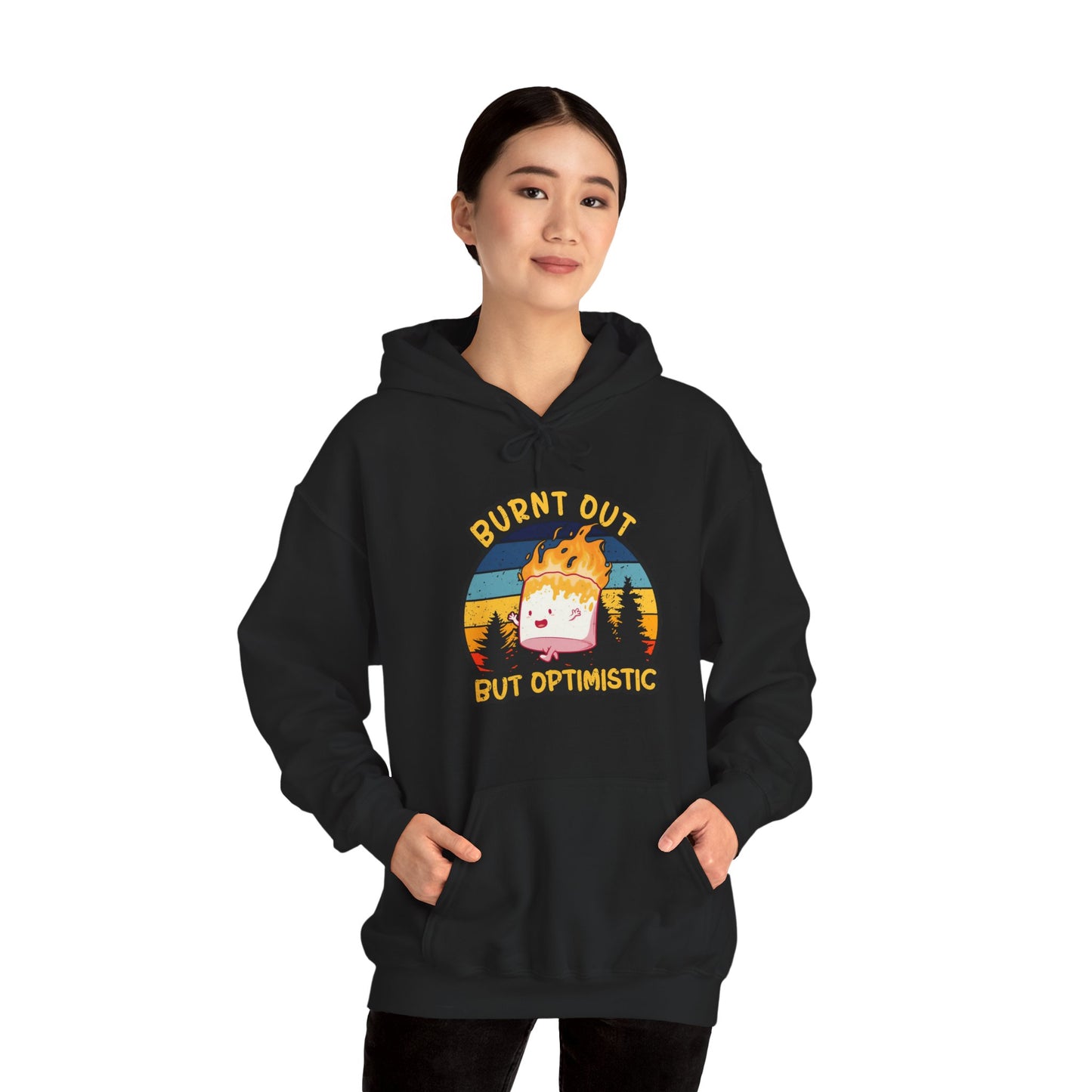 "Burnt Out But Optimistic" Hoodie — Cute Retro Campfire Graphic Sweatshirt