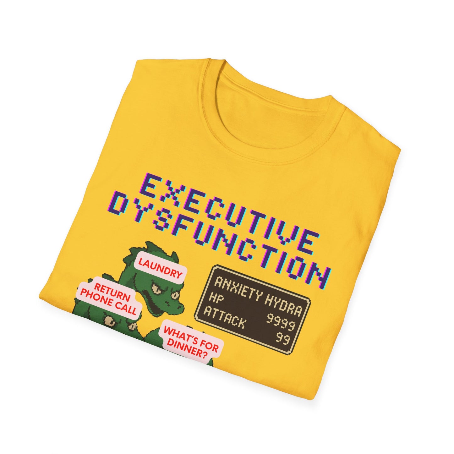 Executive Dysfunction RPG T-Shirt — Cute Anxiety Monster Pixel Art Tee