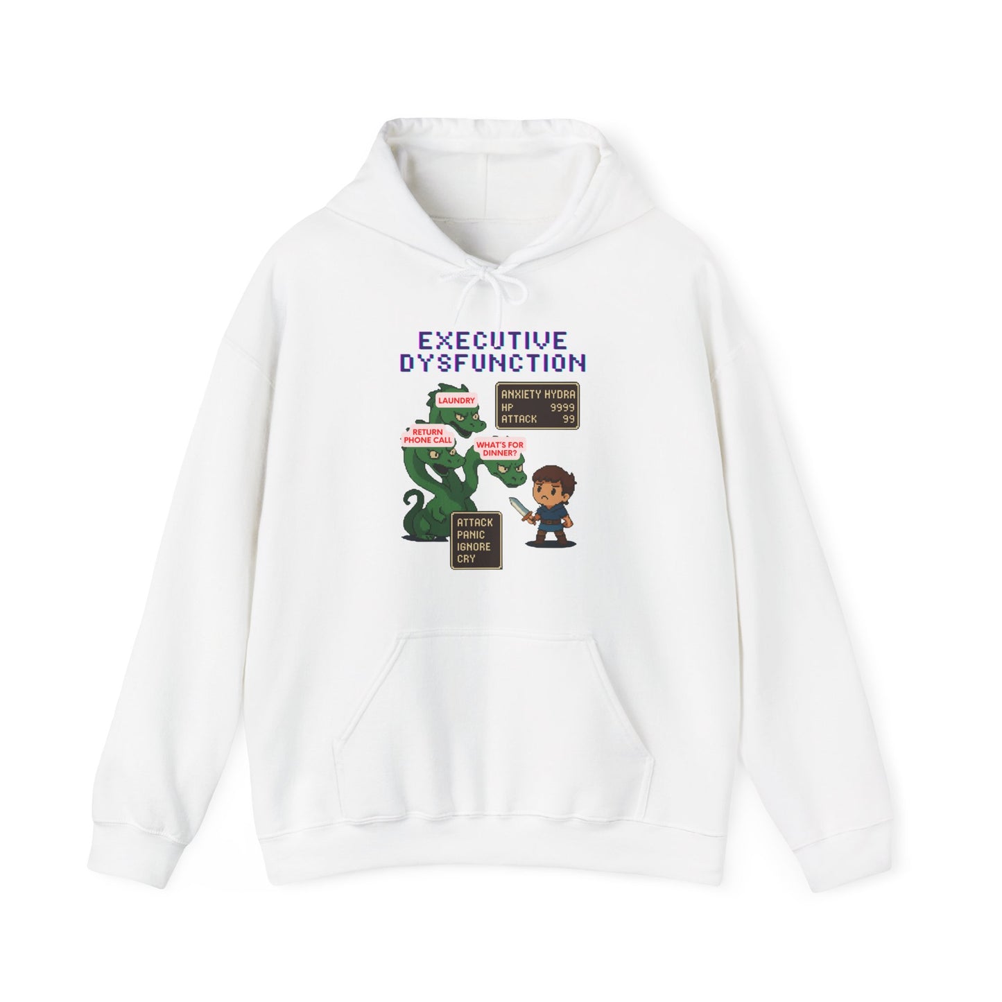 Executive Dysfunction RPG Hoodie — Cute Anxiety Monster Pixel Art Sweatshirt